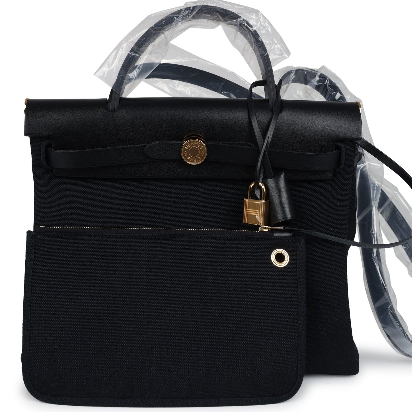 Hermes Herbag Zip 31 PM Black Toile Militaire Canvas and Vache Hunter Gold Hardware