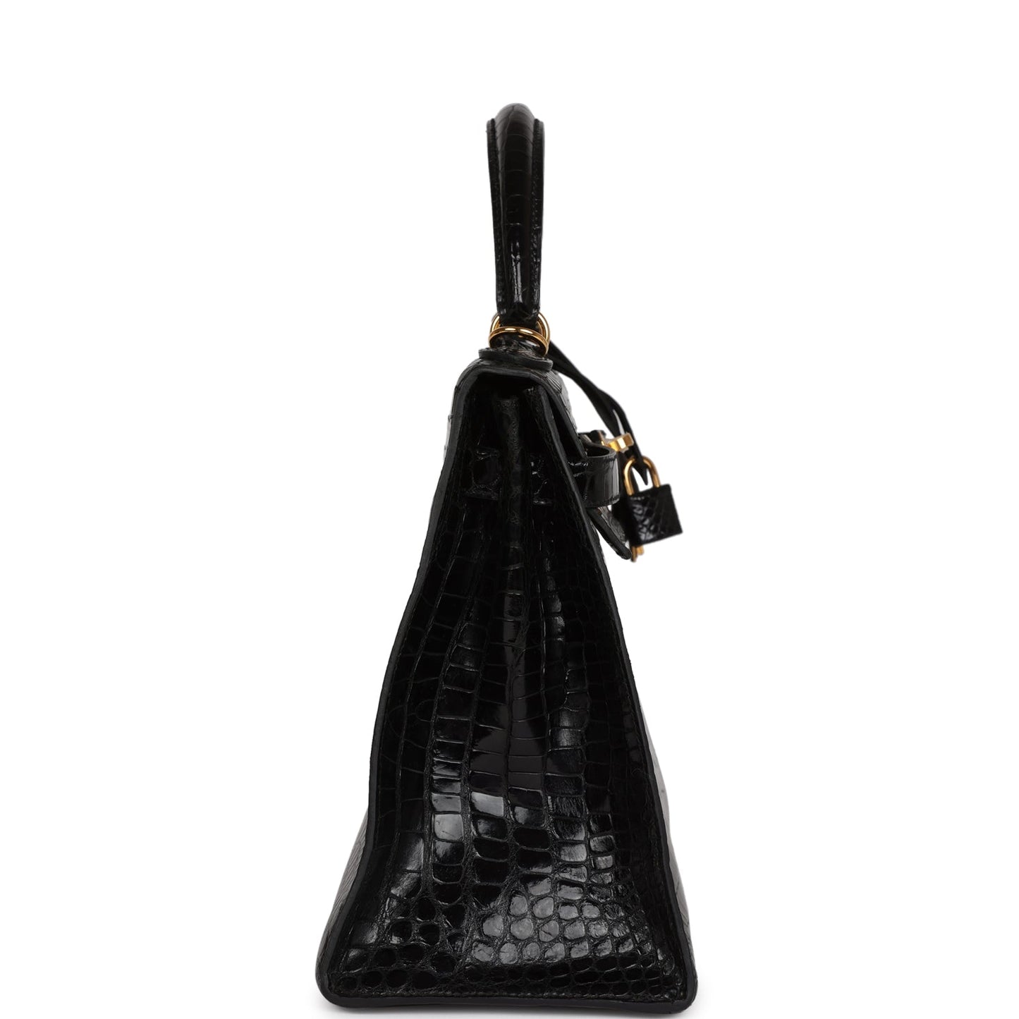 Vintage Hermes Kelly Sellier 32 Black Shiny Porosus Crocodile Gold Hardware