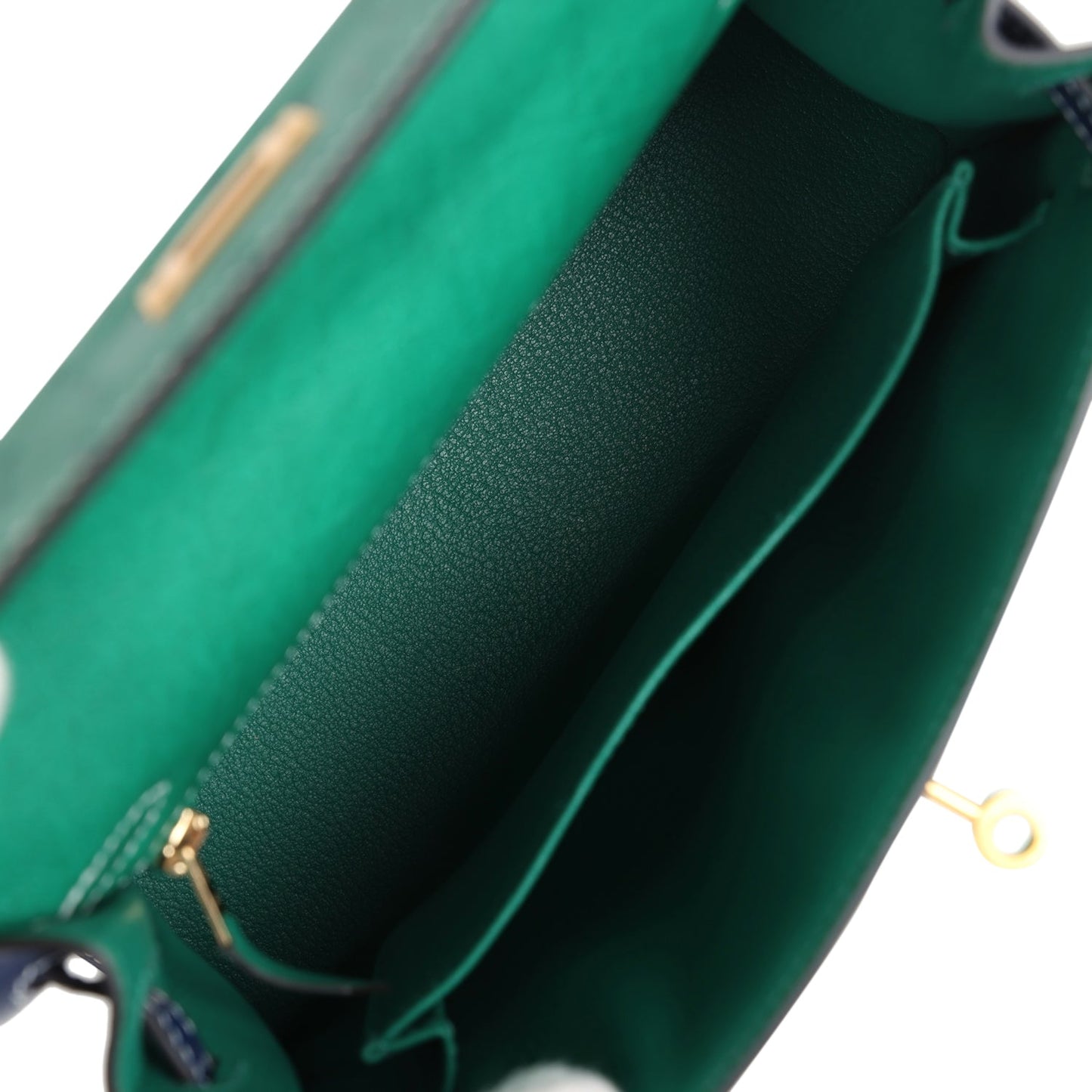 Hermes Special Order (HSS) Kelly Sellier 25 Vert Vertigo and Bleu Iris Ostrich Brushed Gold Hardware