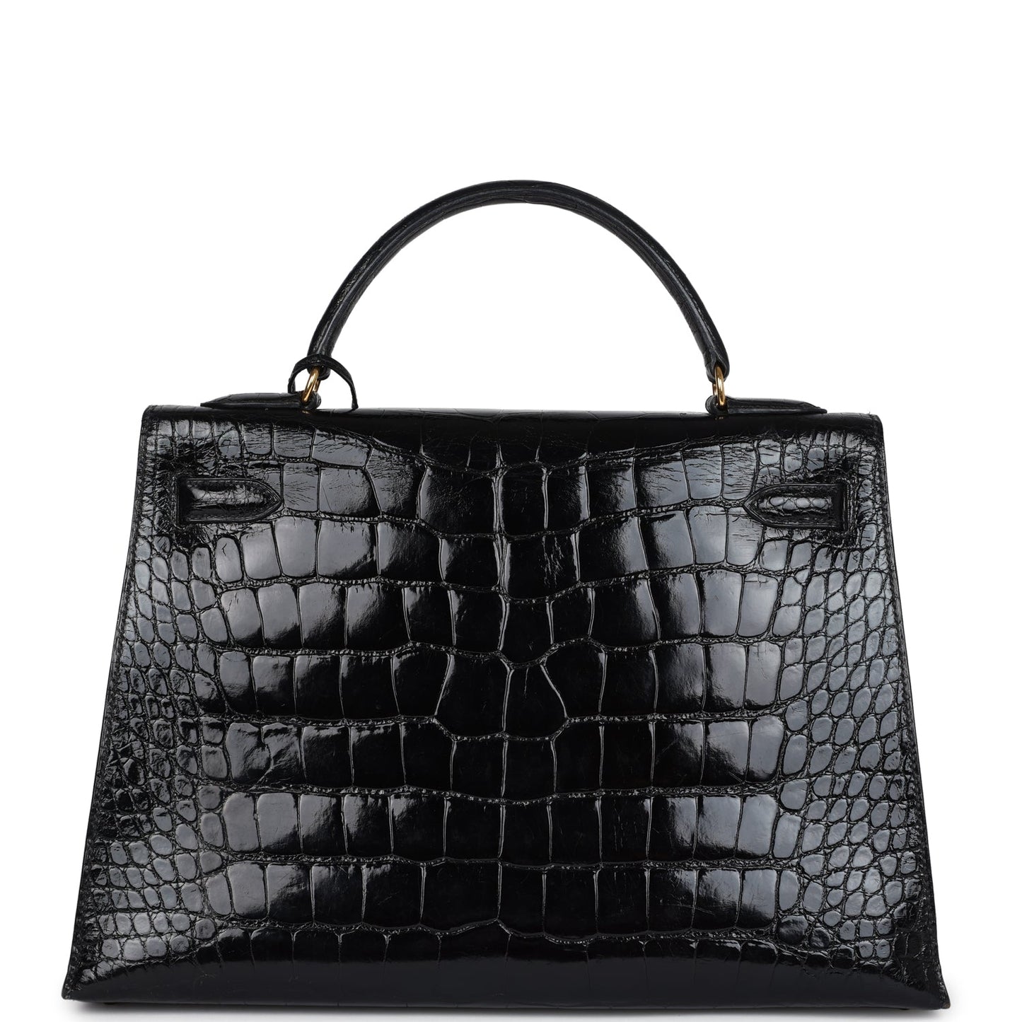Vintage Hermes Kelly Sellier 32 Black Shiny Alligator Gold Hardware