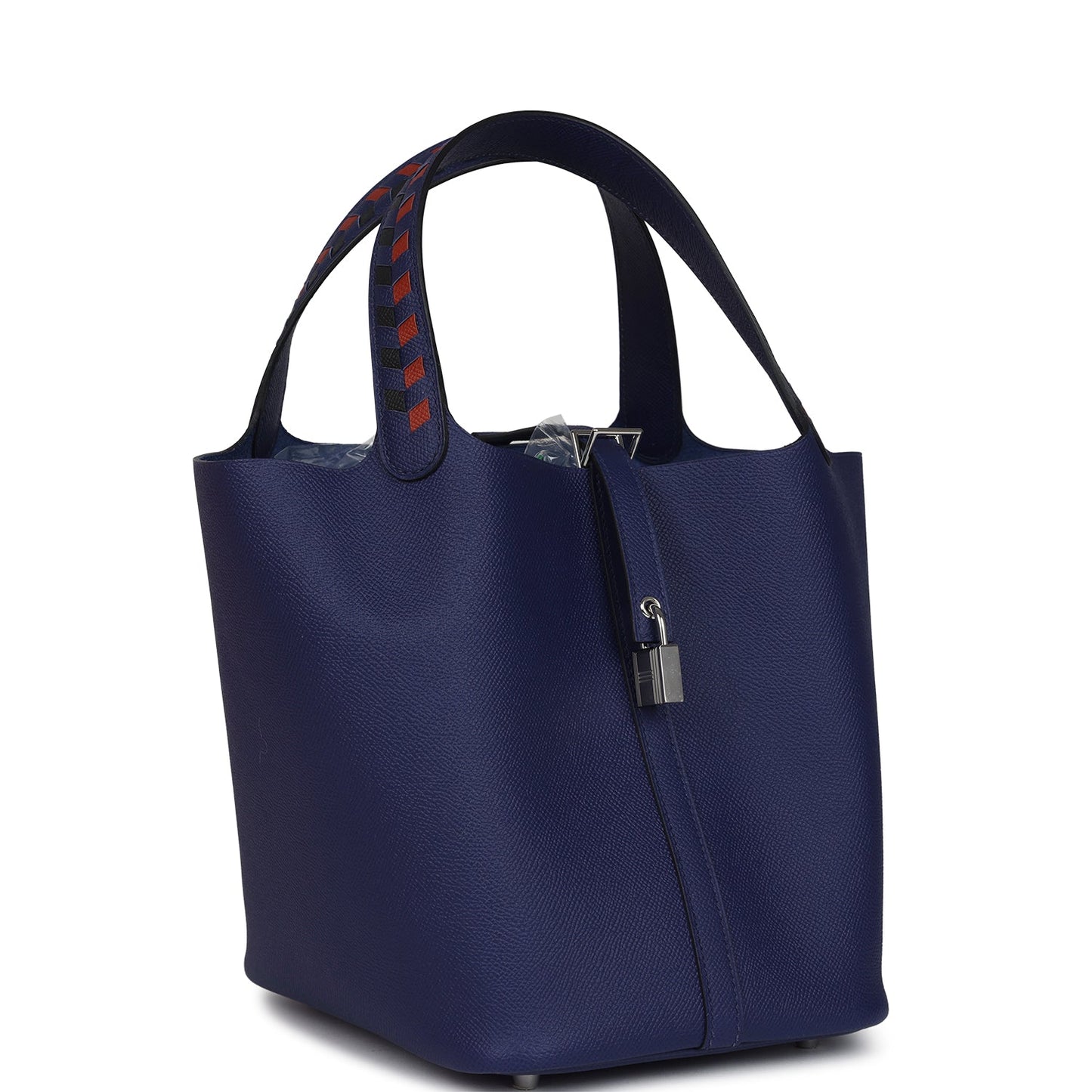 Hermes Picotin Lock 22 Tressage De Cuir Bleu Encre, Brique and Black Epsom Palladium Hardware