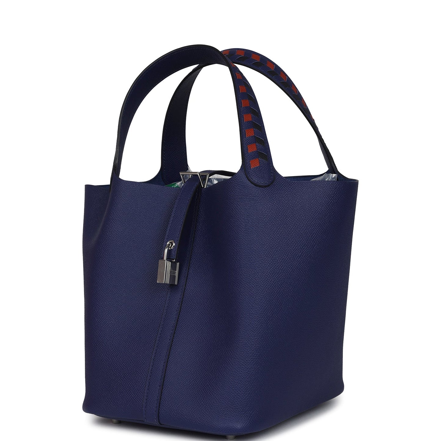 Hermes Picotin Lock 22 Tressage De Cuir Bleu Encre, Brique and Black Epsom Palladium Hardware