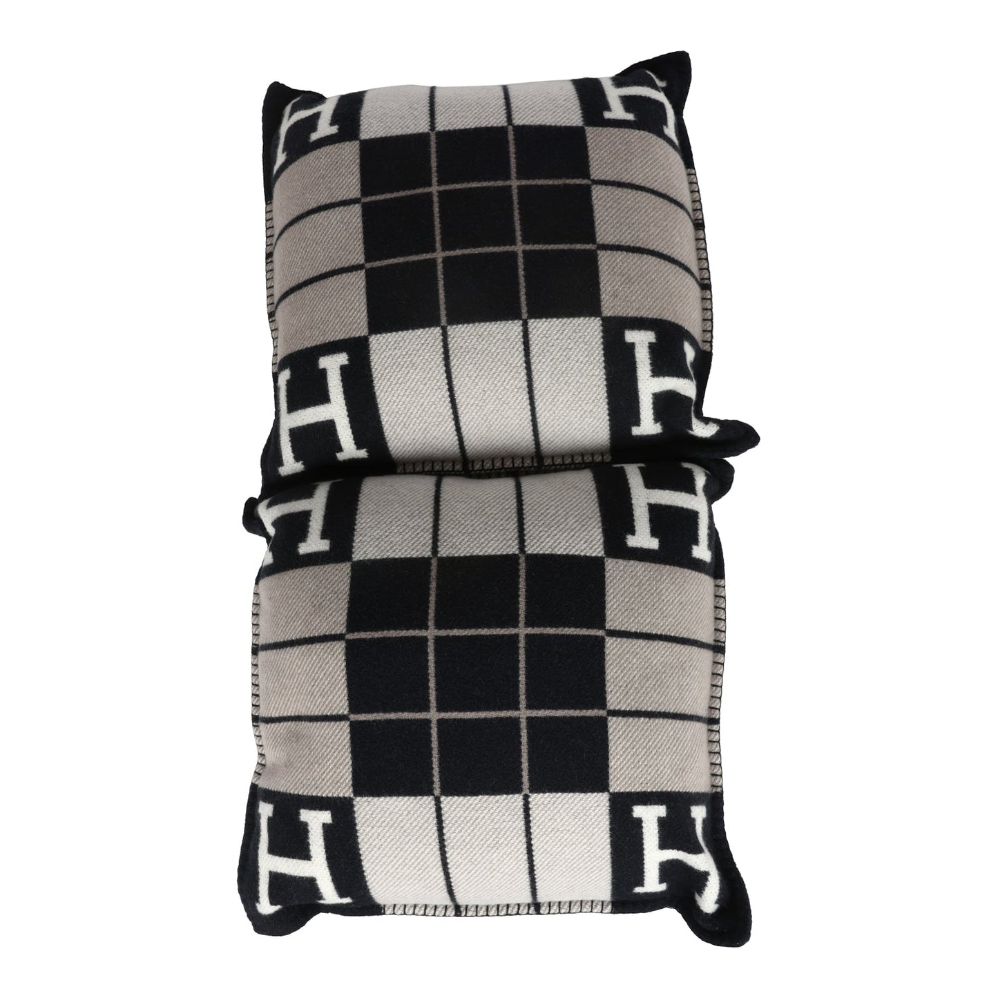 Hermes "Avalon III" Signature H Cushion PM Ecru and Gris Fonce Set