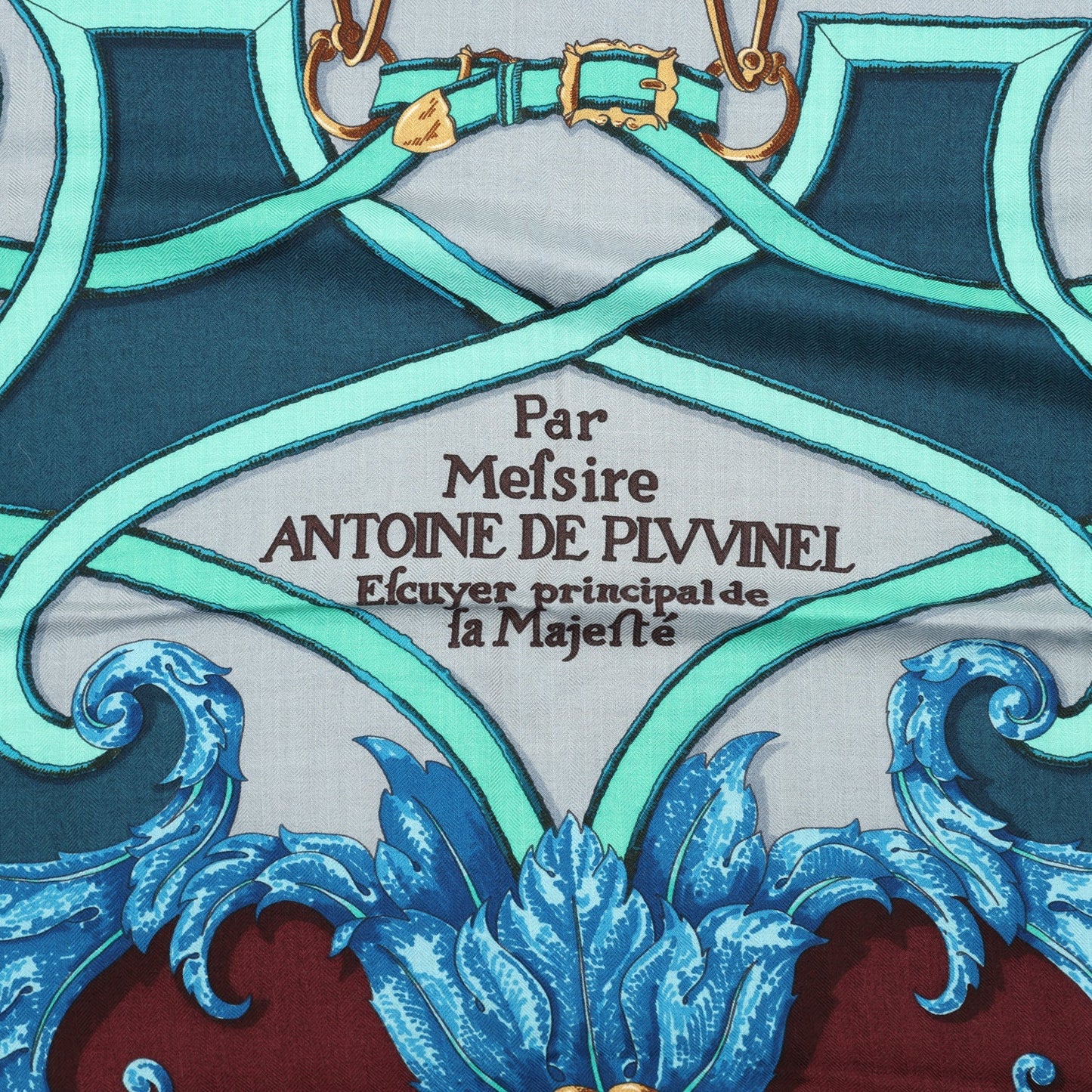 Hermes “Antoine De Plvvinel” Gris Bleute/ Canard/ Prune Silk & Cashmere Scarf 140cm