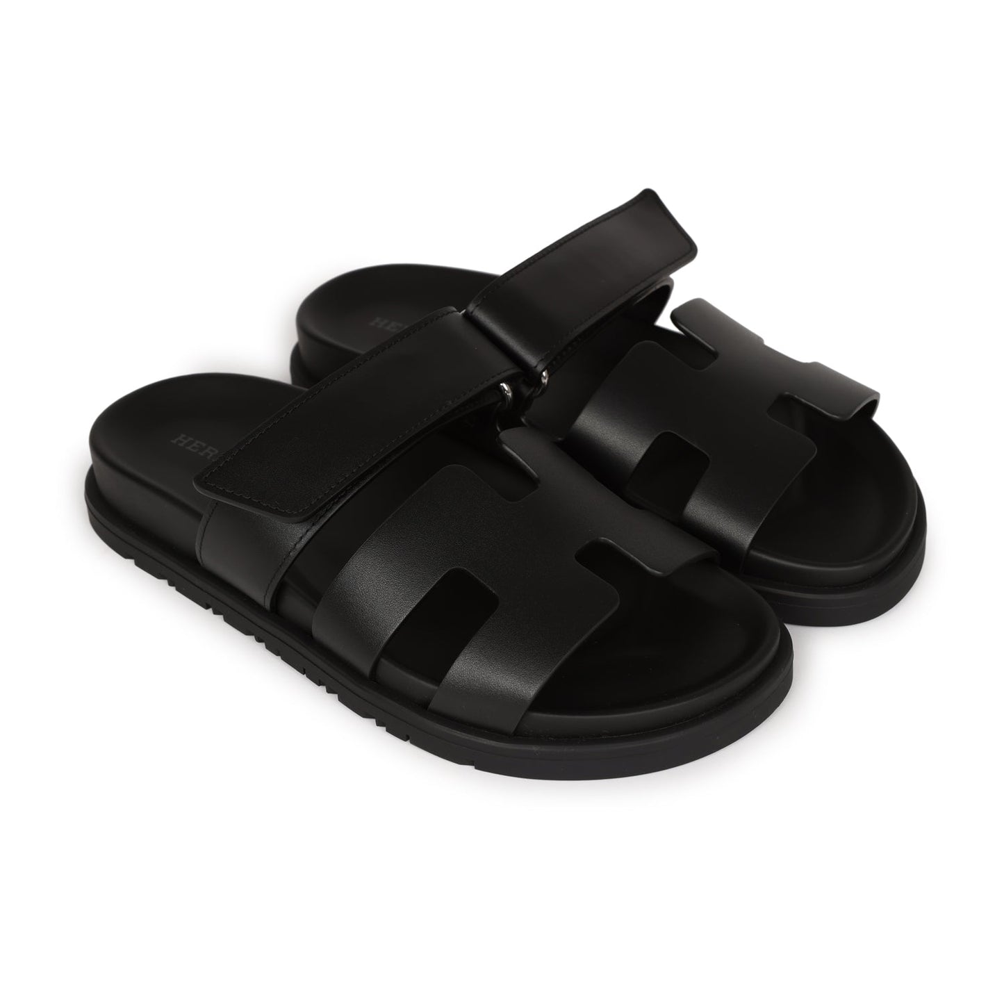 Hermes Chypre Sandals Black Calfskin Palladium Hardware 34.5 EU