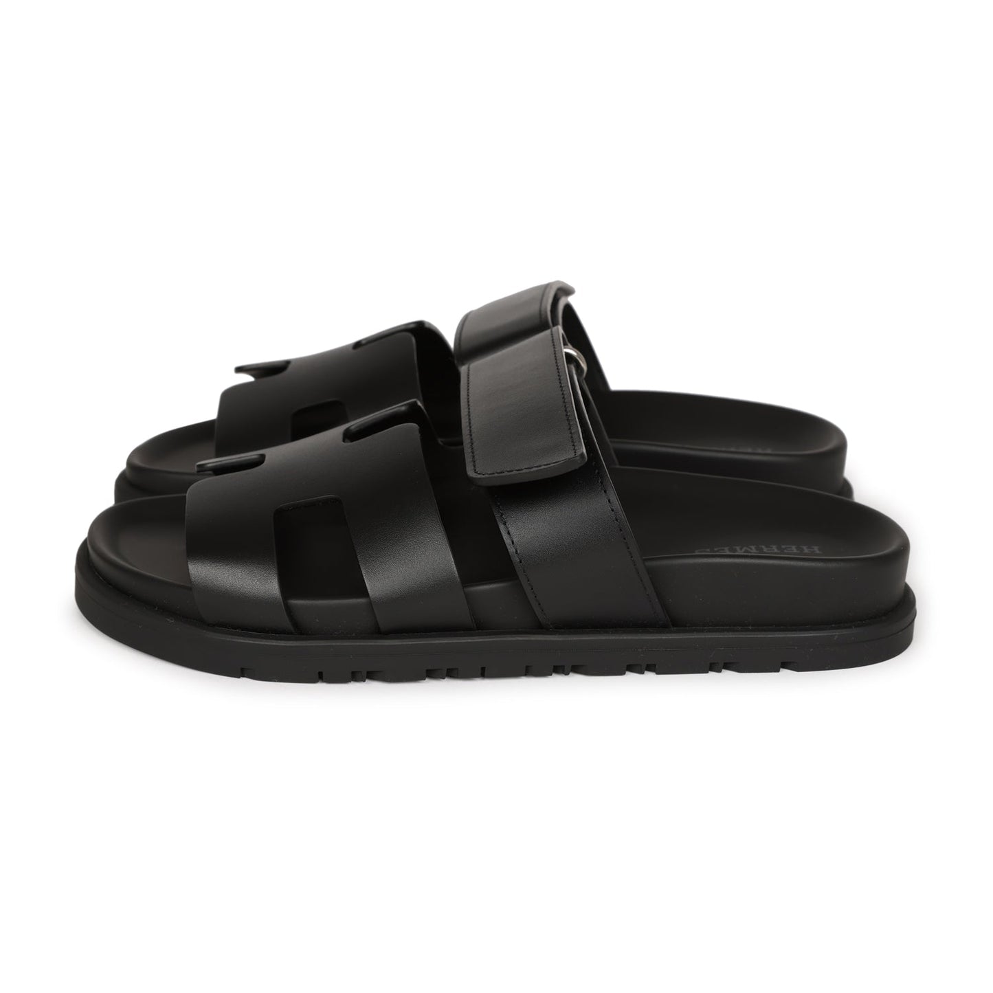 Hermes Chypre Sandals Black Calfskin Palladium Hardware 34.5 EU