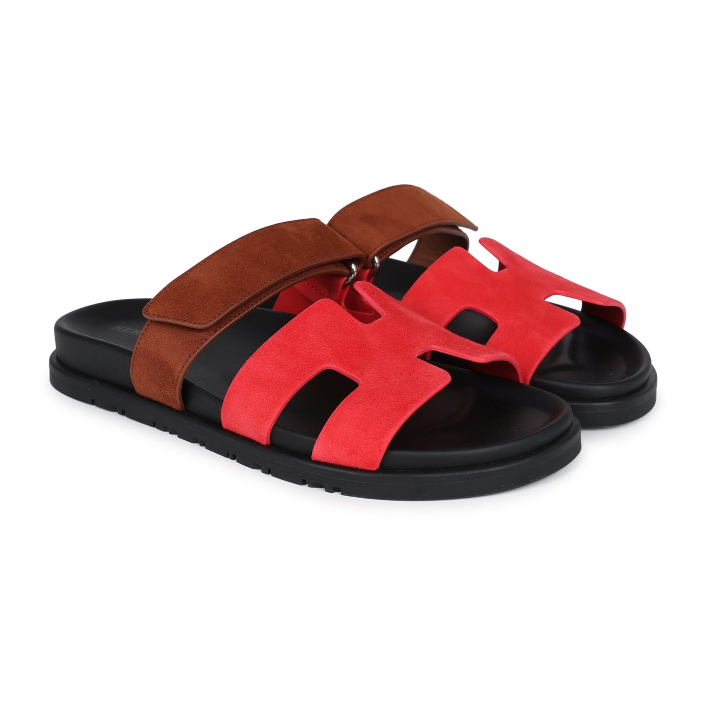 Hermes Chypre Techno Sandal Rouge Cinetique & Gold Suede Palladium Hardware 38.5 EU