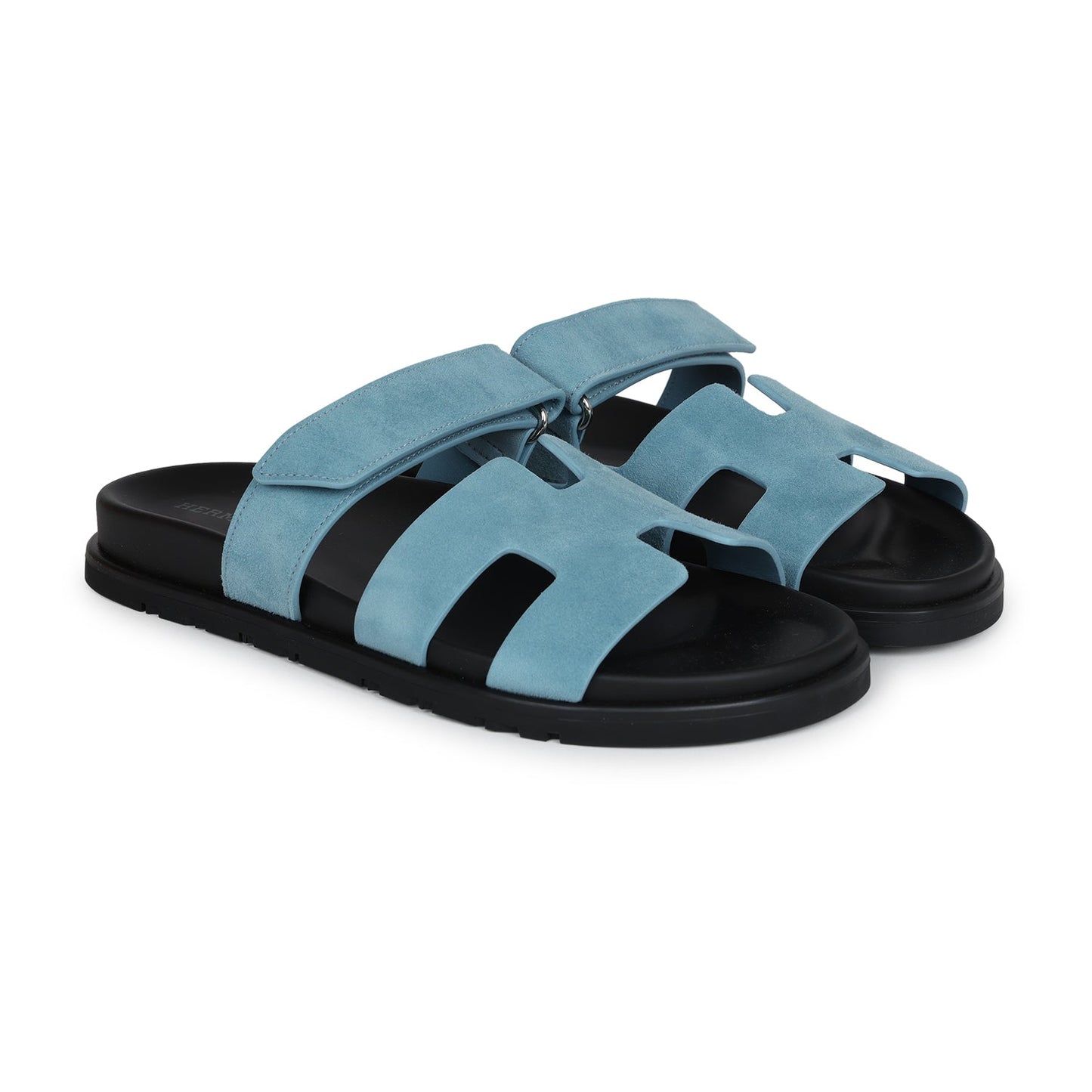 Hermes Chypre Techno Sandals Bleu Mineral Suede Palladium Hardware 37 EU