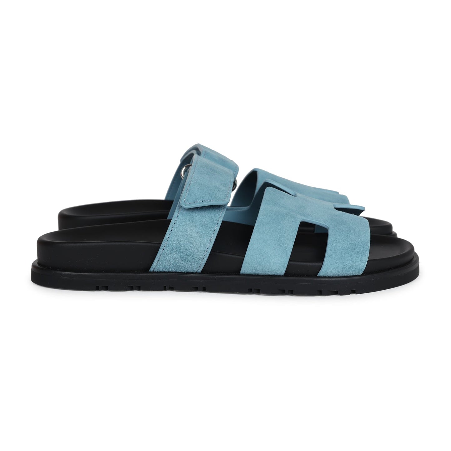 Hermes Chypre Techno Sandals Bleu Mineral Suede Palladium Hardware 37 EU