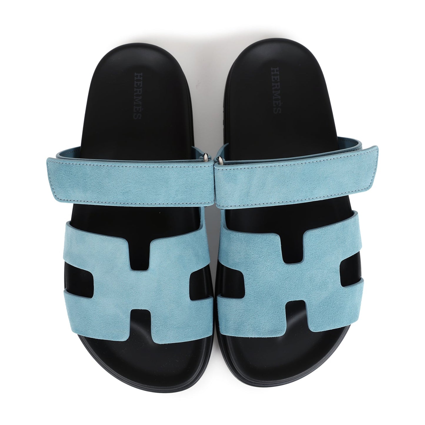 Hermes Chypre Techno Sandals Bleu Mineral Suede Palladium Hardware 37 EU