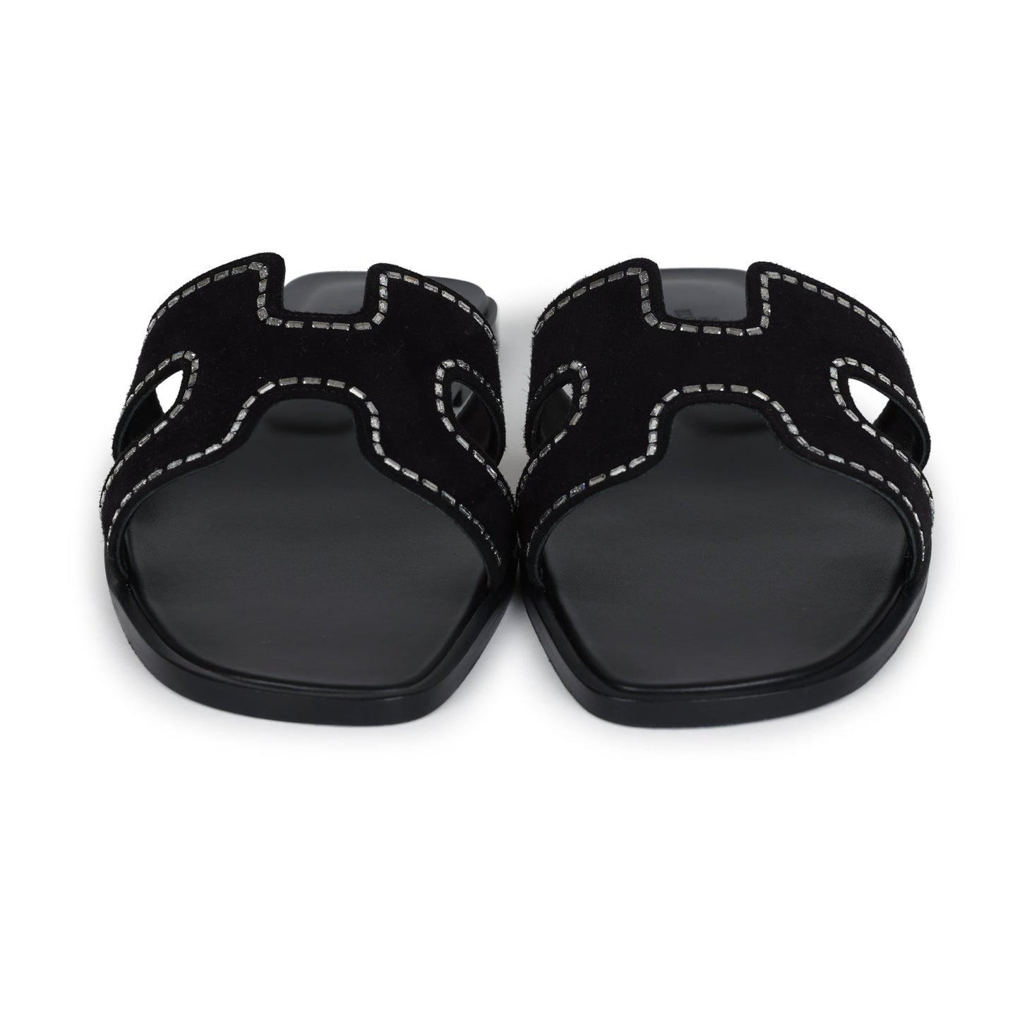 Hermes Oran Sandals Crystal Embellished Black Suede 39 EU