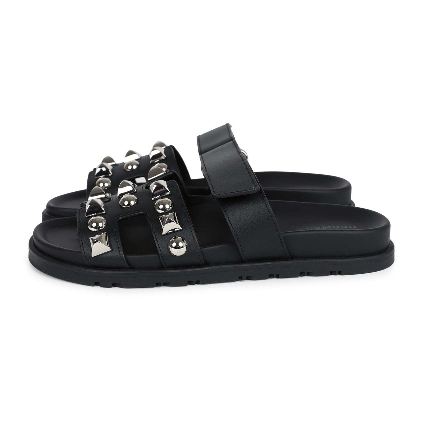 Hermes Chypre Techno Sandals Black Studded Calfskin Palladium Hardware 37.5 EU