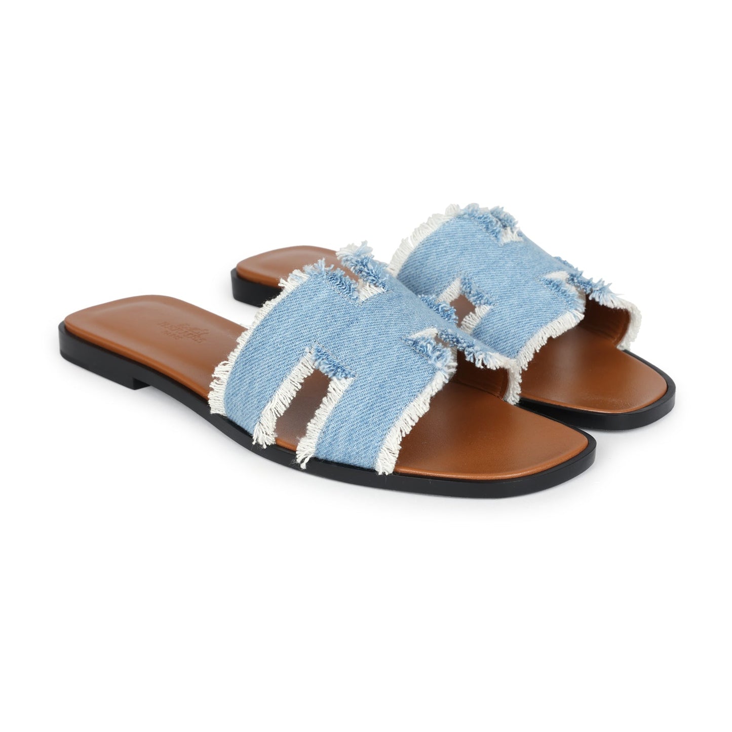 Hermes Oran Sandals Bleu Clair Denim Fringe 38.5 EU