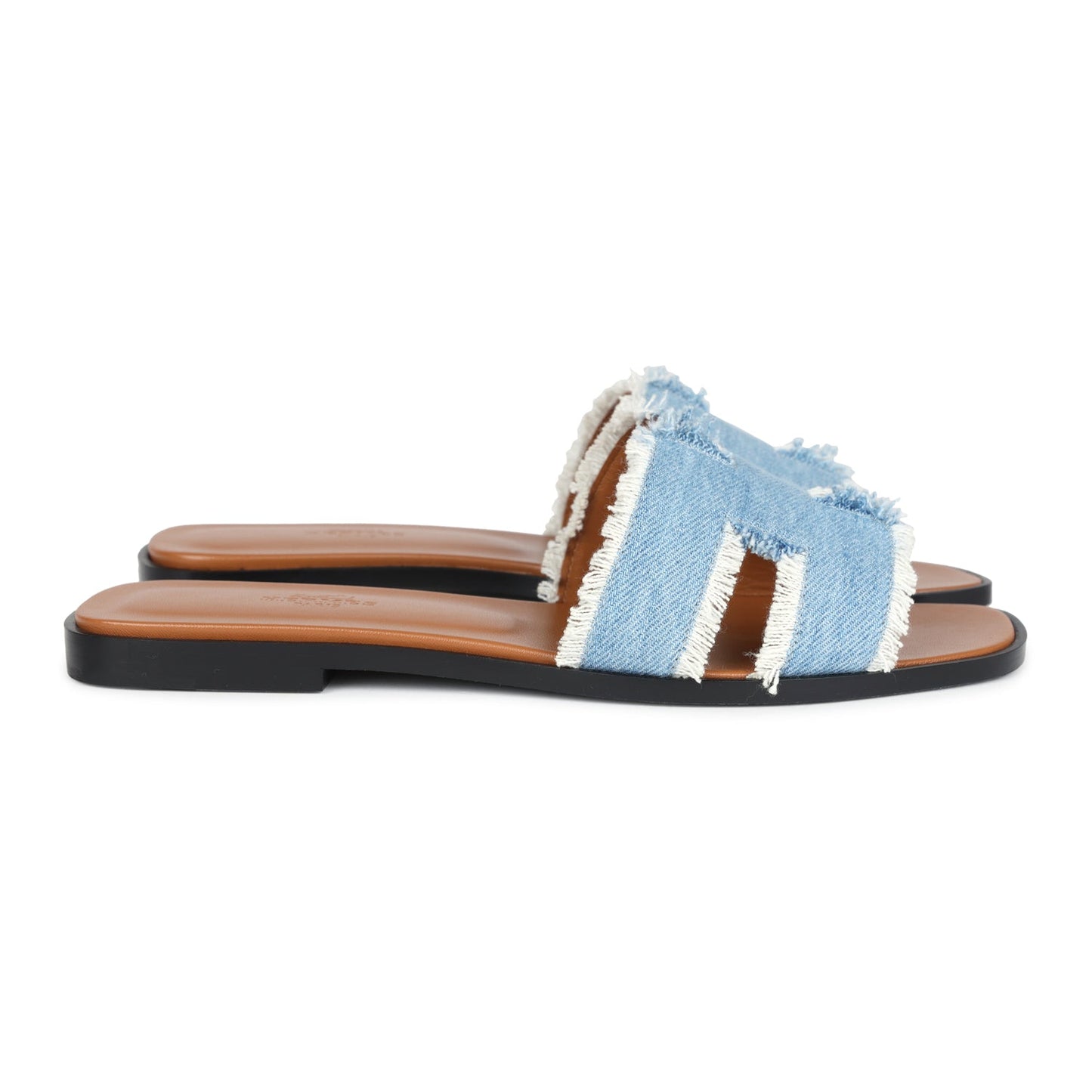 Hermes Oran Sandals Bleu Clair Denim Fringe 38.5 EU