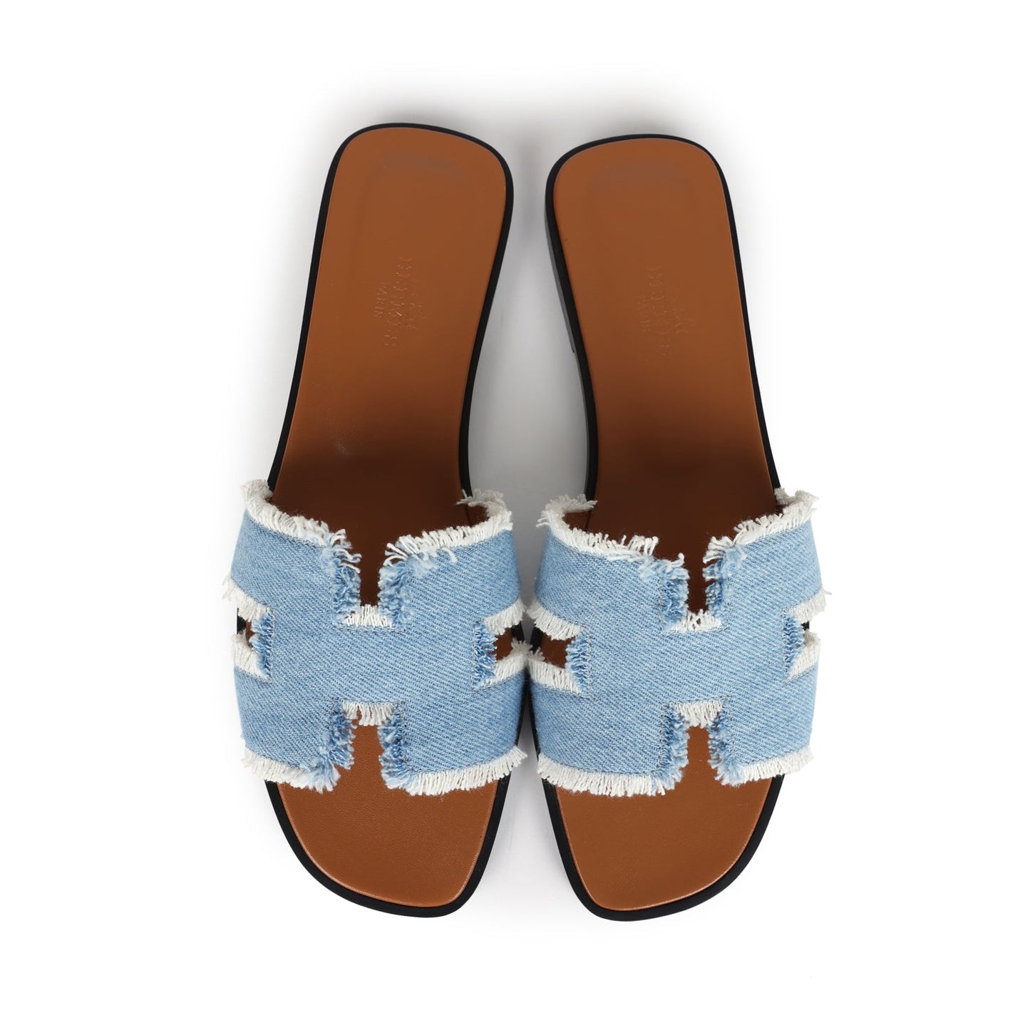 Hermes Oran Sandals Bleu Clair Denim Fringe 38.5 EU