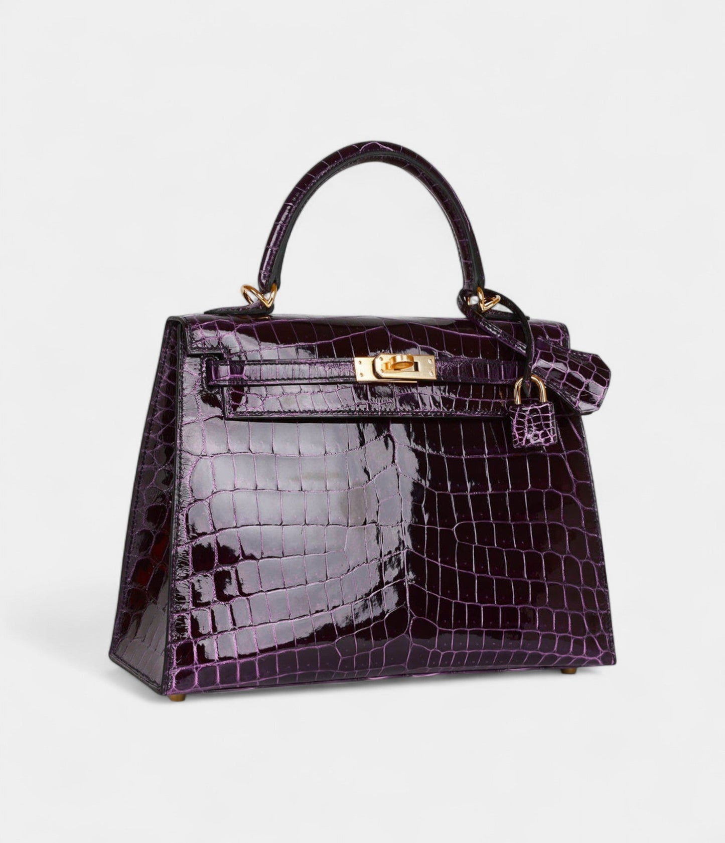 Hermes Kelly 25 Aubergine Shiny Niloticus Crocodile Gold Hardware
