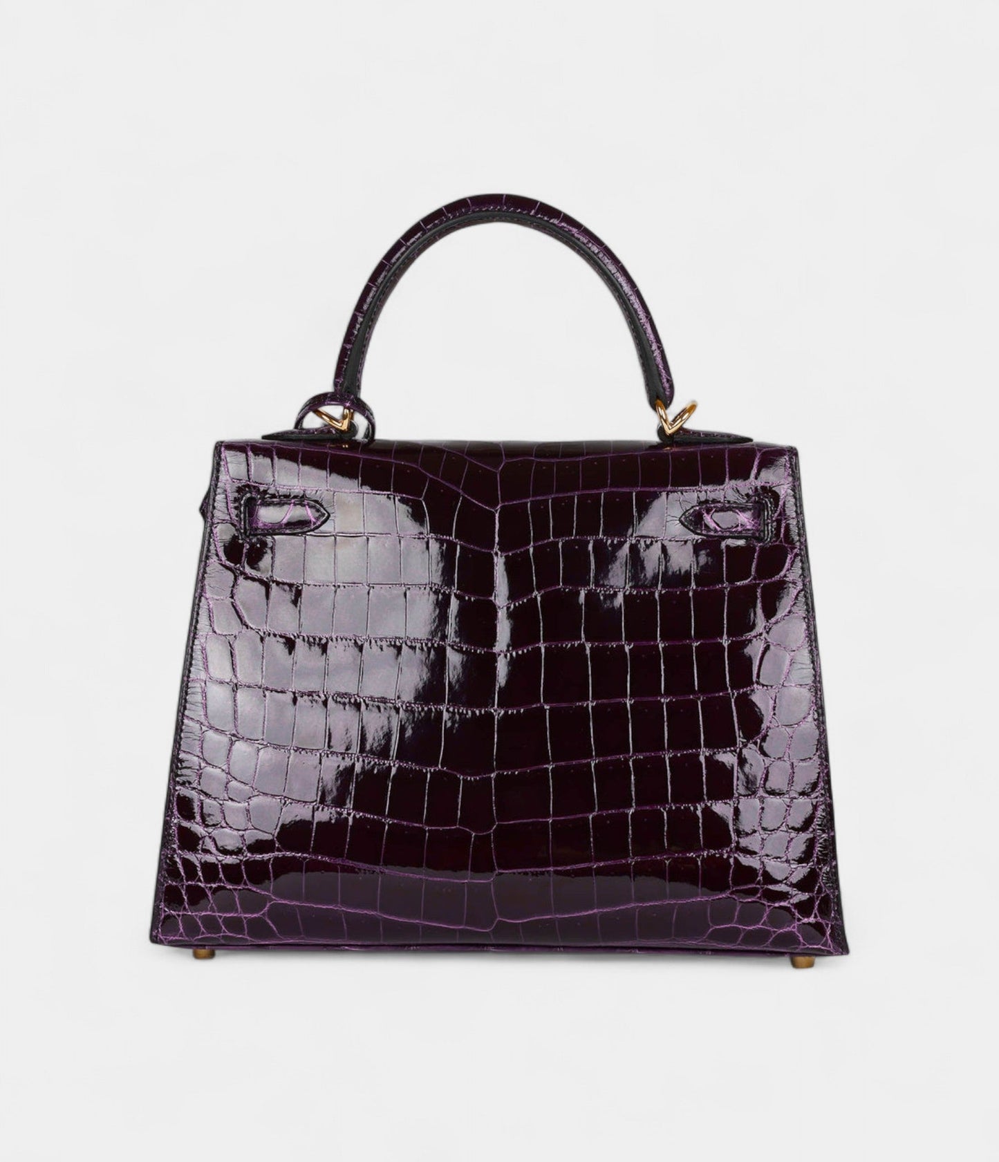 Hermes Kelly 25 Aubergine Shiny Niloticus Crocodile Gold Hardware