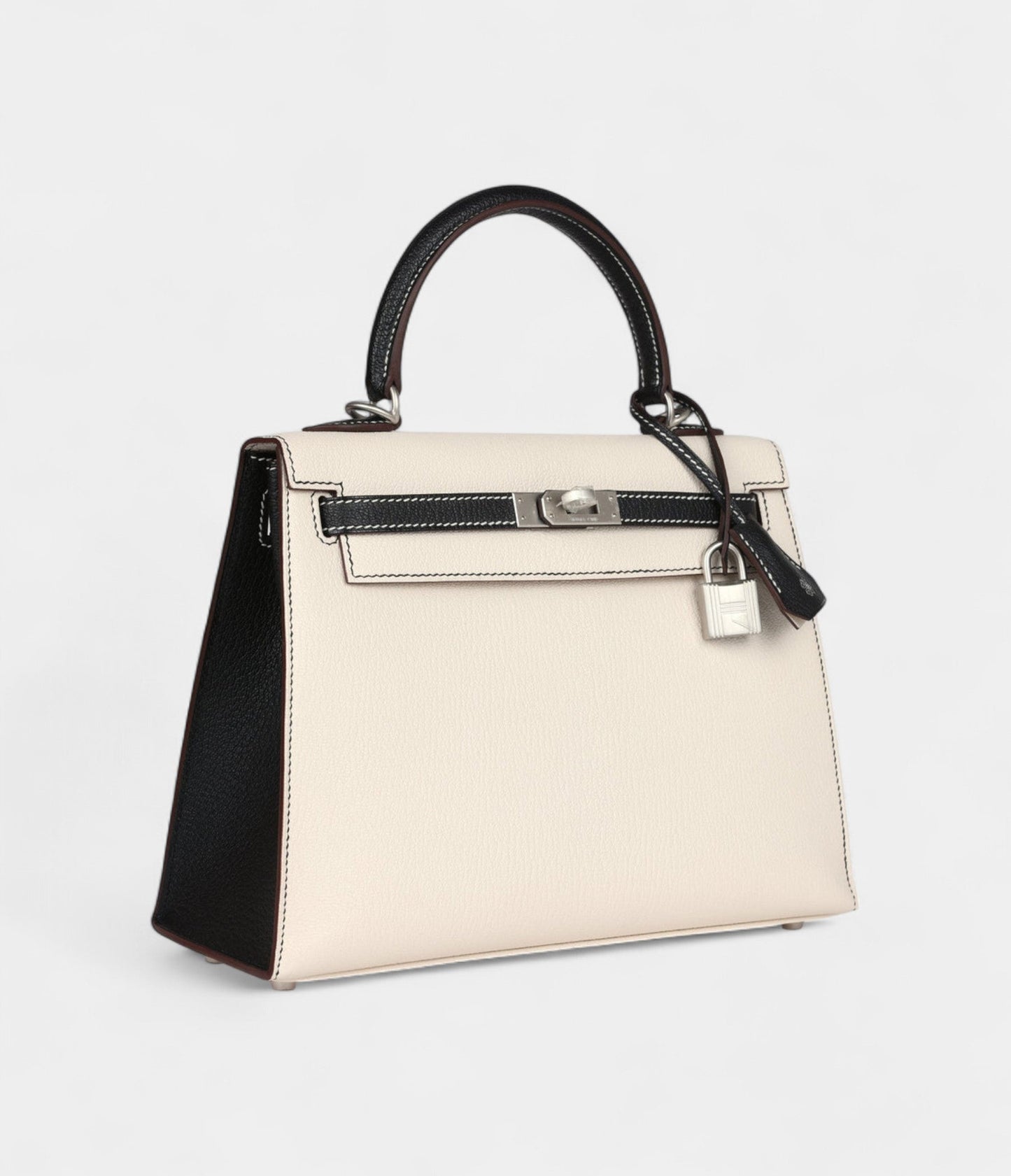 Hermes Kelly 25 Nata and Black Chevre Mysore Brushed Palladium Hardware