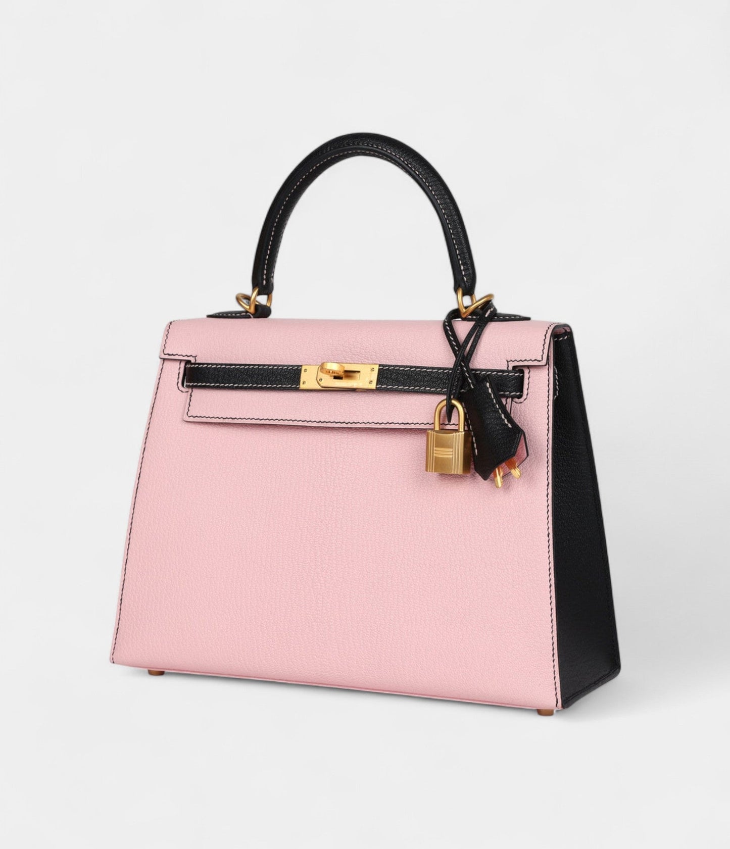Hermes Kelly 25 Rose Sakura and Black Chevre Mysore Brushed Gold Hardware