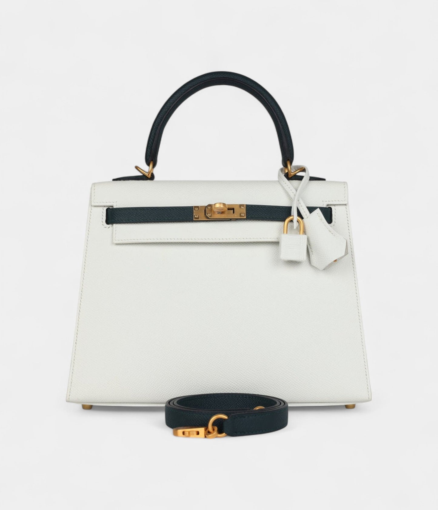 Hermes Kelly 25 White and Vert Cypress Epsom Brushed Gold Hardware