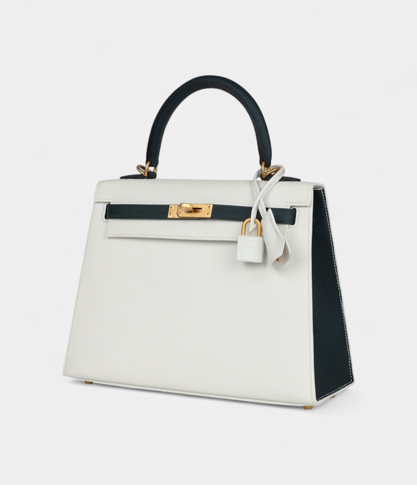 Hermes Kelly 25 White and Vert Cypress Epsom Brushed Gold Hardware
