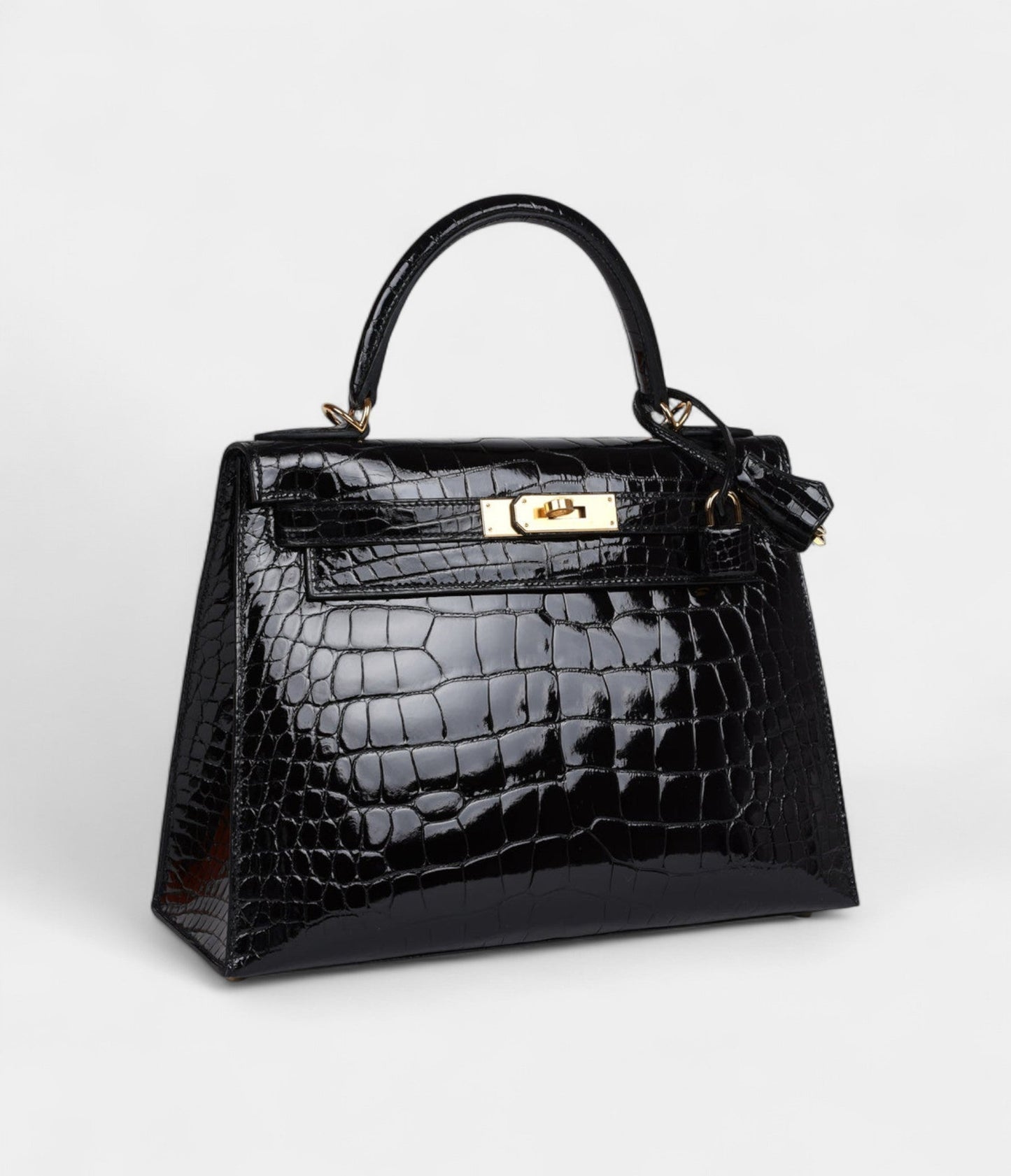 Hermes Kelly 28 Black Shiny Alligator Gold Hardware