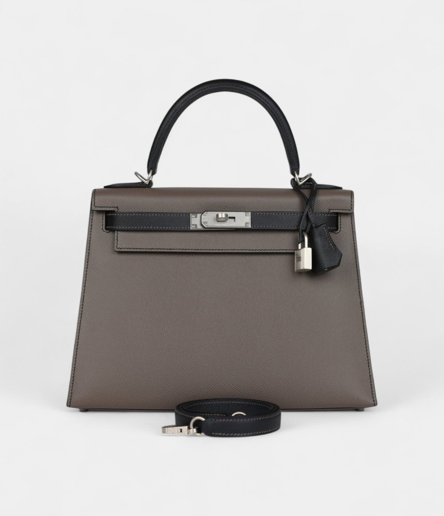 Hermes Kelly 28 Etain and Black Epsom Brushed Palladium Hardware