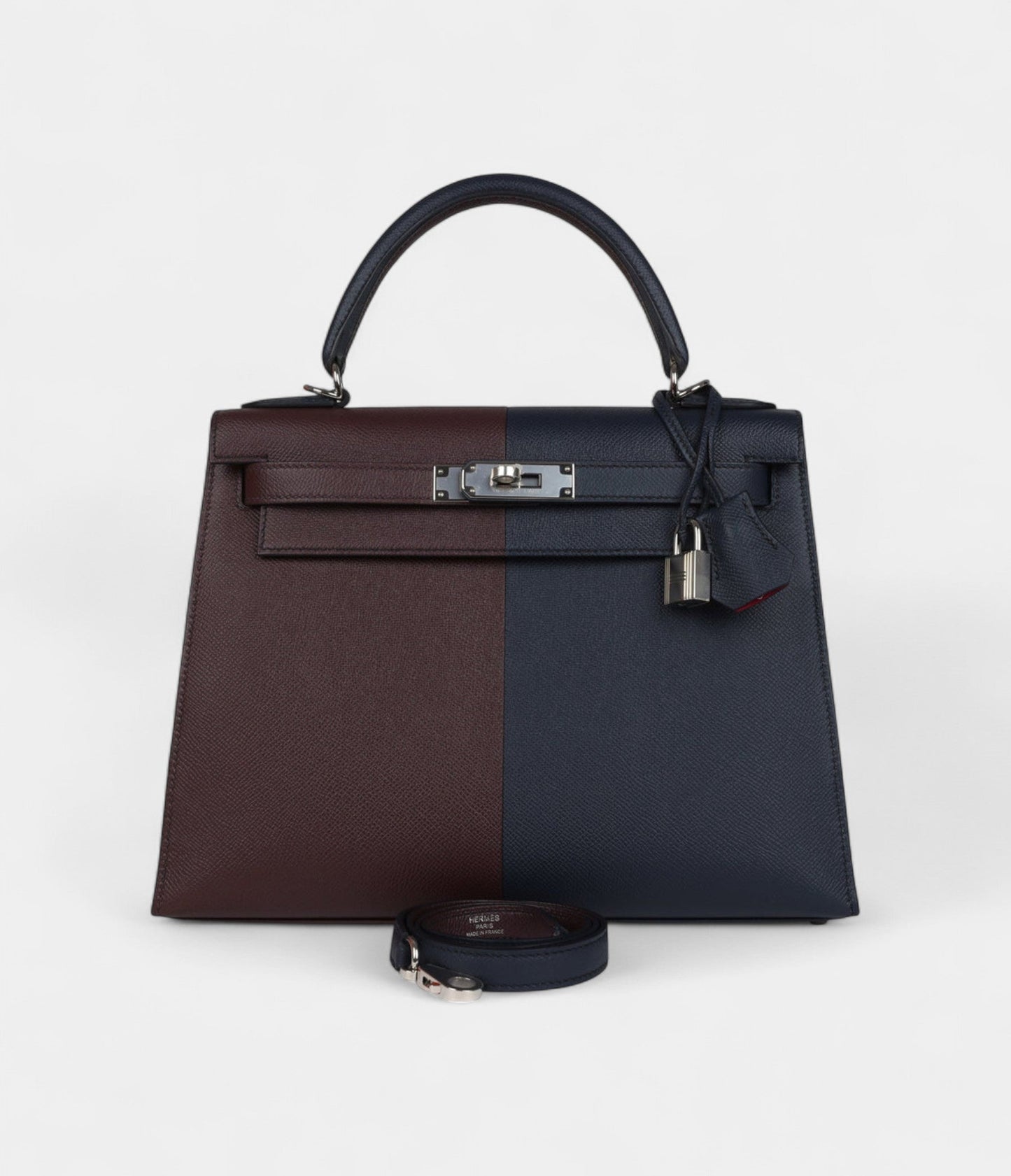 Hermes Kelly 28 Indigo Blue and Red Sellier Epsom Coat Palladium Hardware
