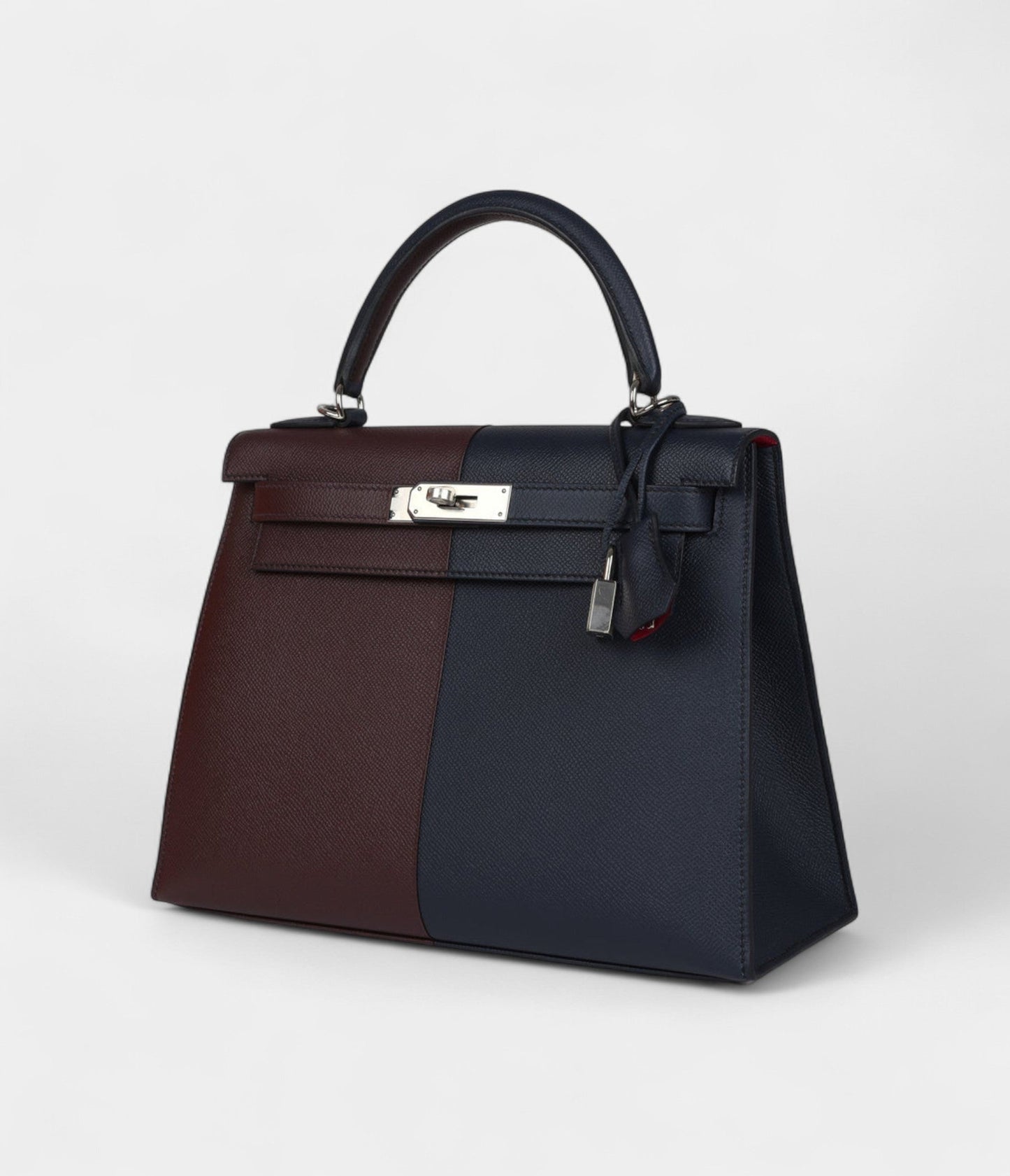 Hermes Kelly 28 Indigo Blue and Red Sellier Epsom Coat Palladium Hardware