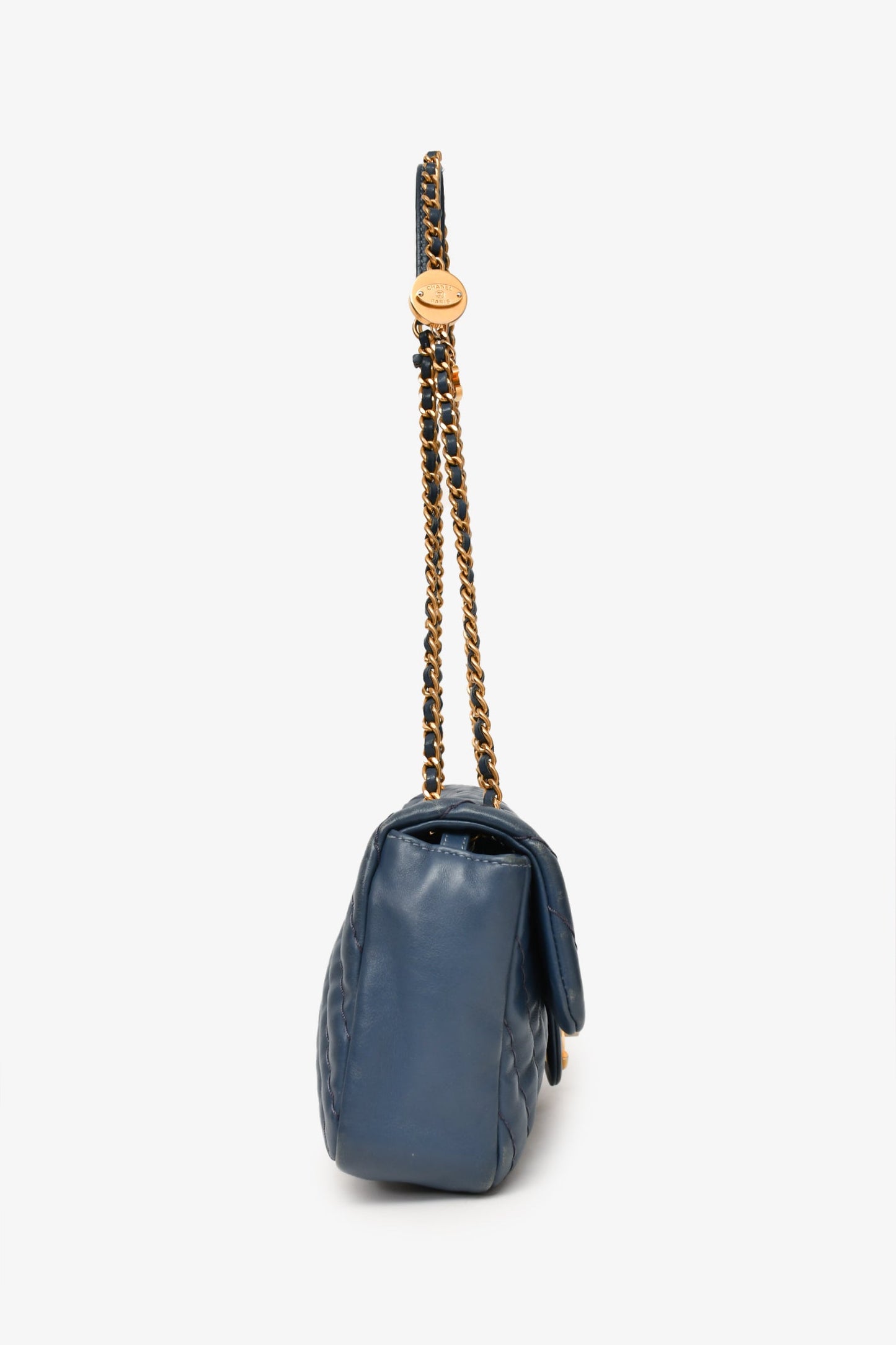 Pre-Loved Chanel™ 2012 Blue Quilted Chevron Single Flap Medallion Charm Chain Bag