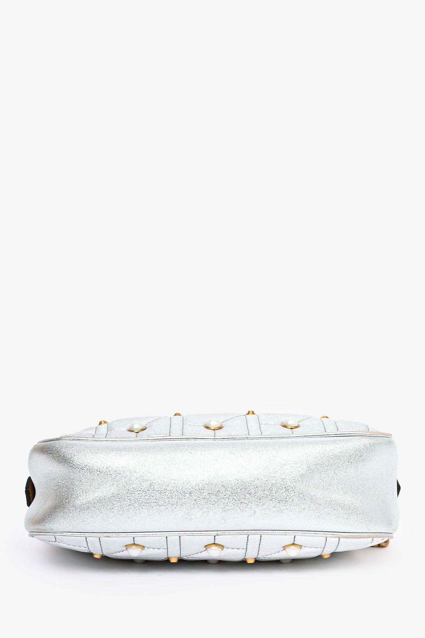 Gucci Silver Leather Pearl Studded Marmont Crossbody Bag