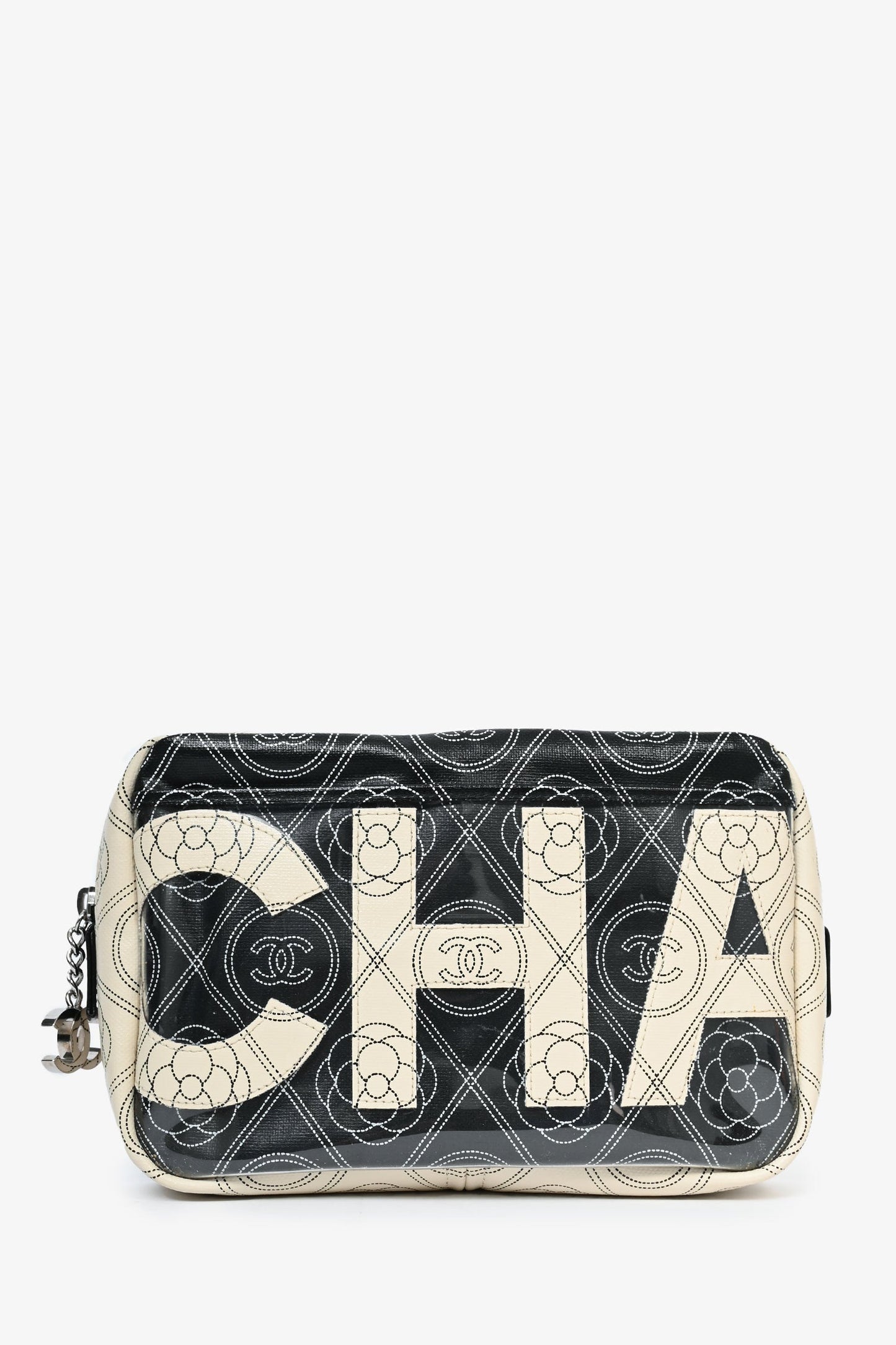 Pre-Loved Chanel™ 2017/18 Black/White Coated Canvas Camellia Logo Camera Bag with Strap