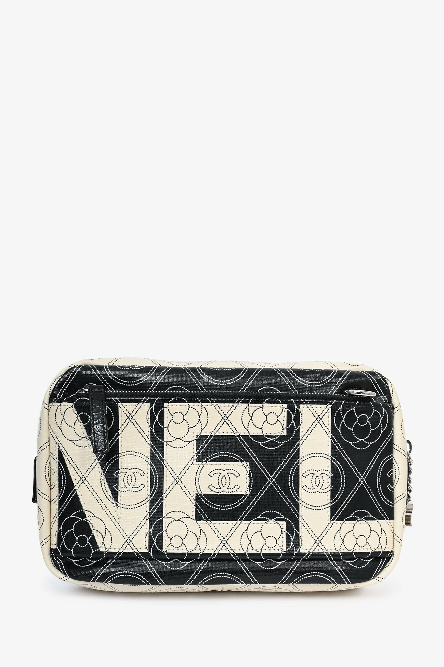 Pre-Loved Chanel™ 2017/18 Black/White Coated Canvas Camellia Logo Camera Bag with Strap