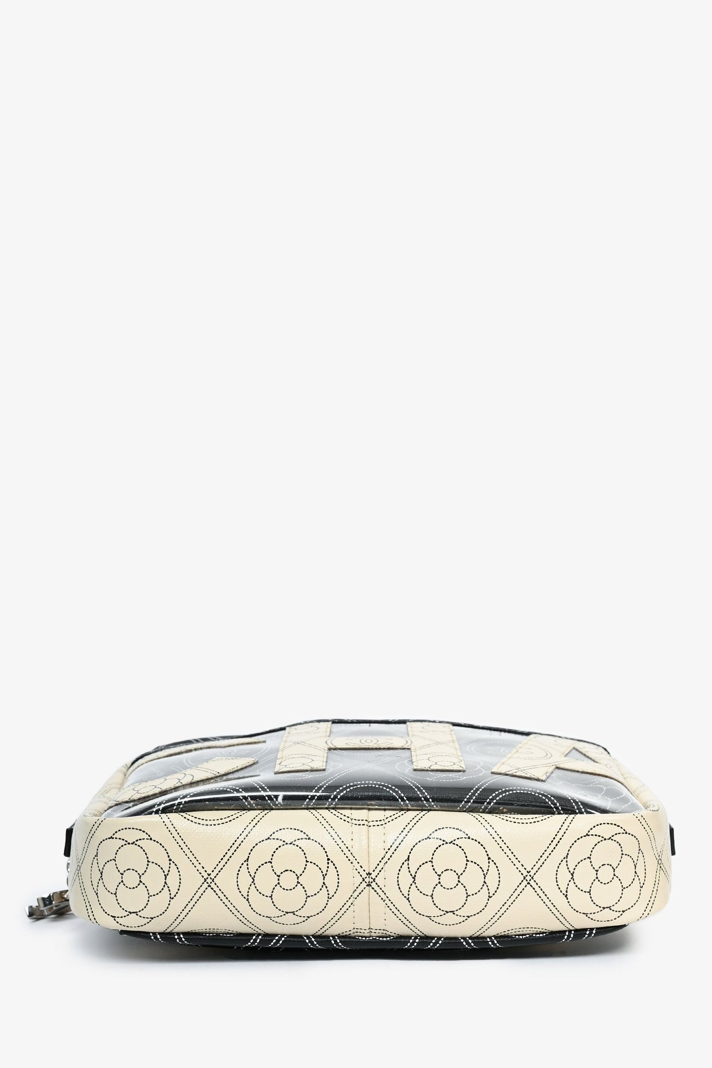 Pre-Loved Chanel™ 2017/18 Black/White Coated Canvas Camellia Logo Camera Bag with Strap