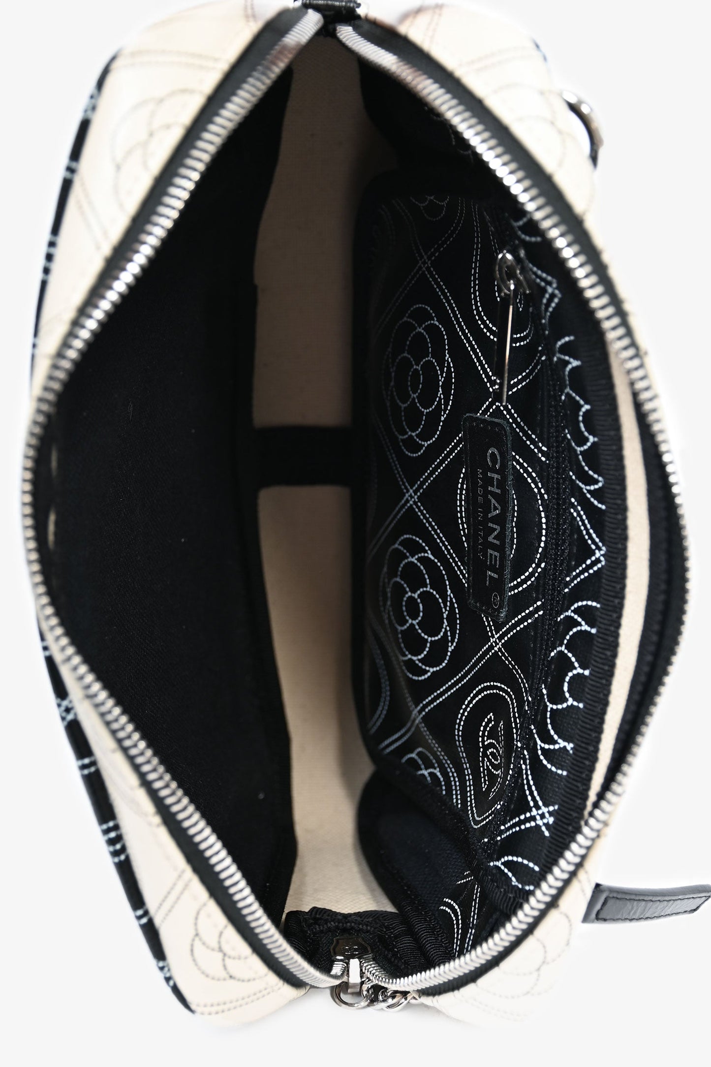 Pre-Loved Chanel™ 2017/18 Black/White Coated Canvas Camellia Logo Camera Bag with Strap