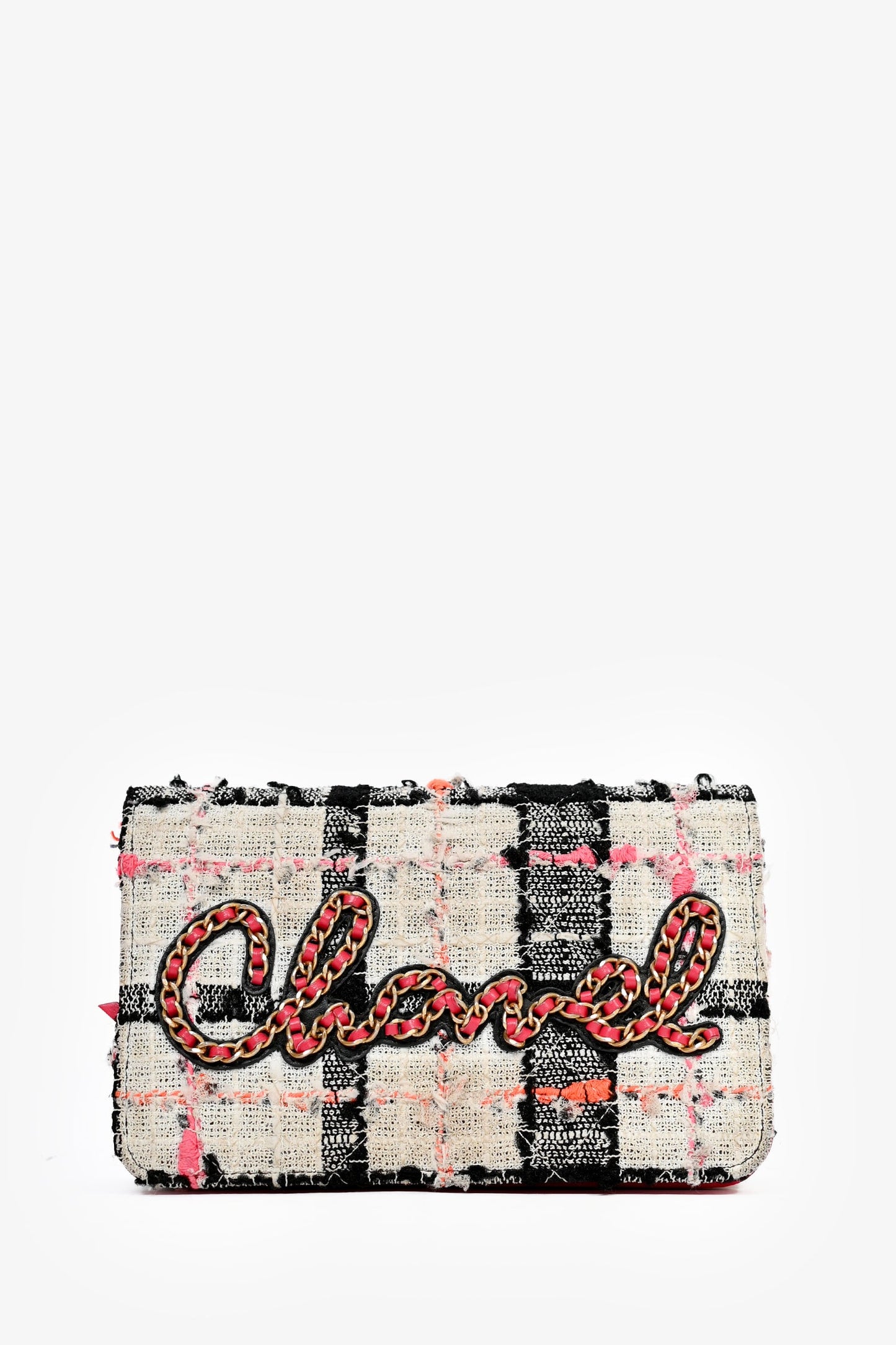 Pre-Loved Chanel™ 2019 Pink/Black/Cream Tweed Wallet On Chain