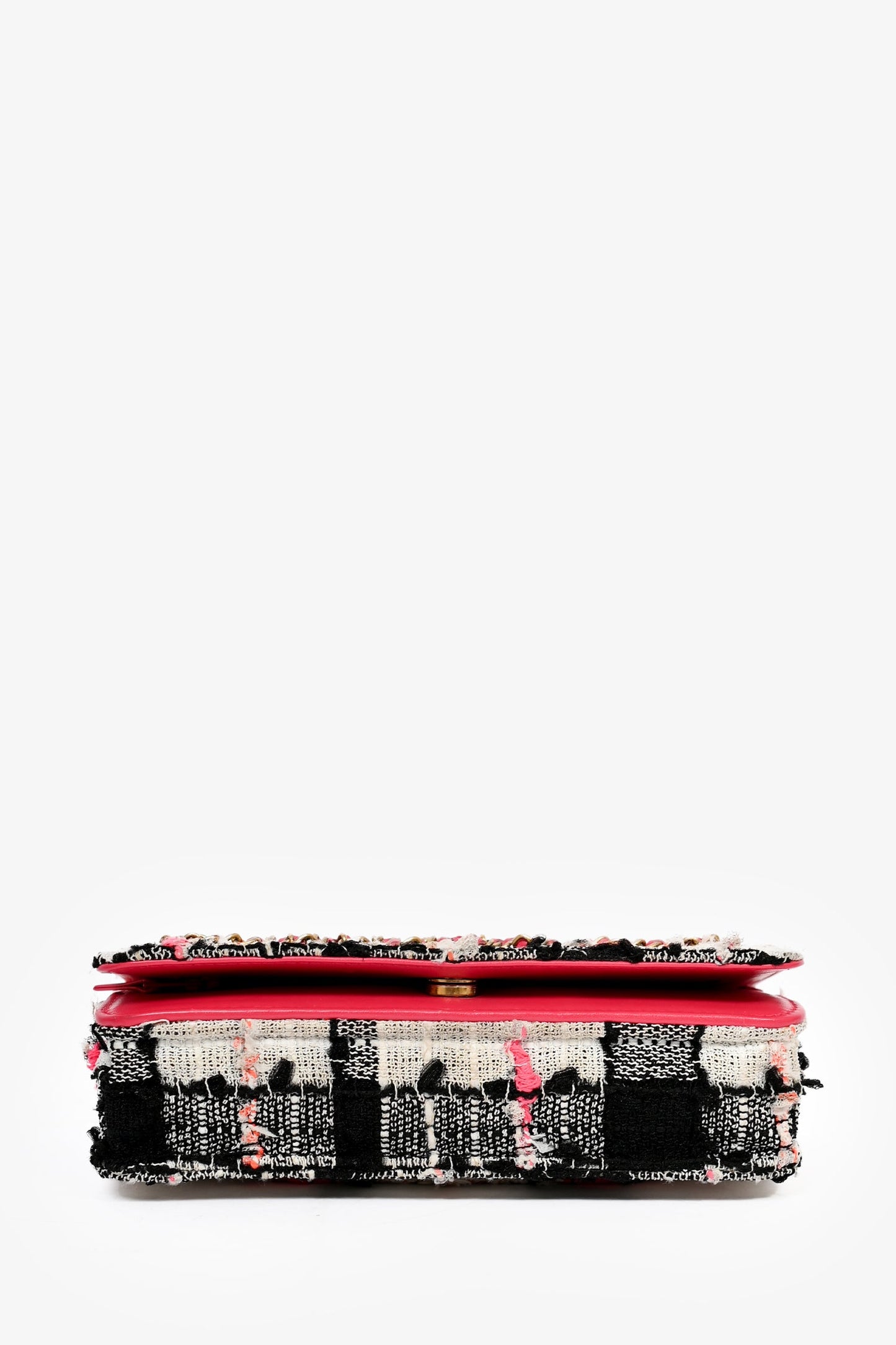 Pre-Loved Chanel™ 2019 Pink/Black/Cream Tweed Wallet On Chain