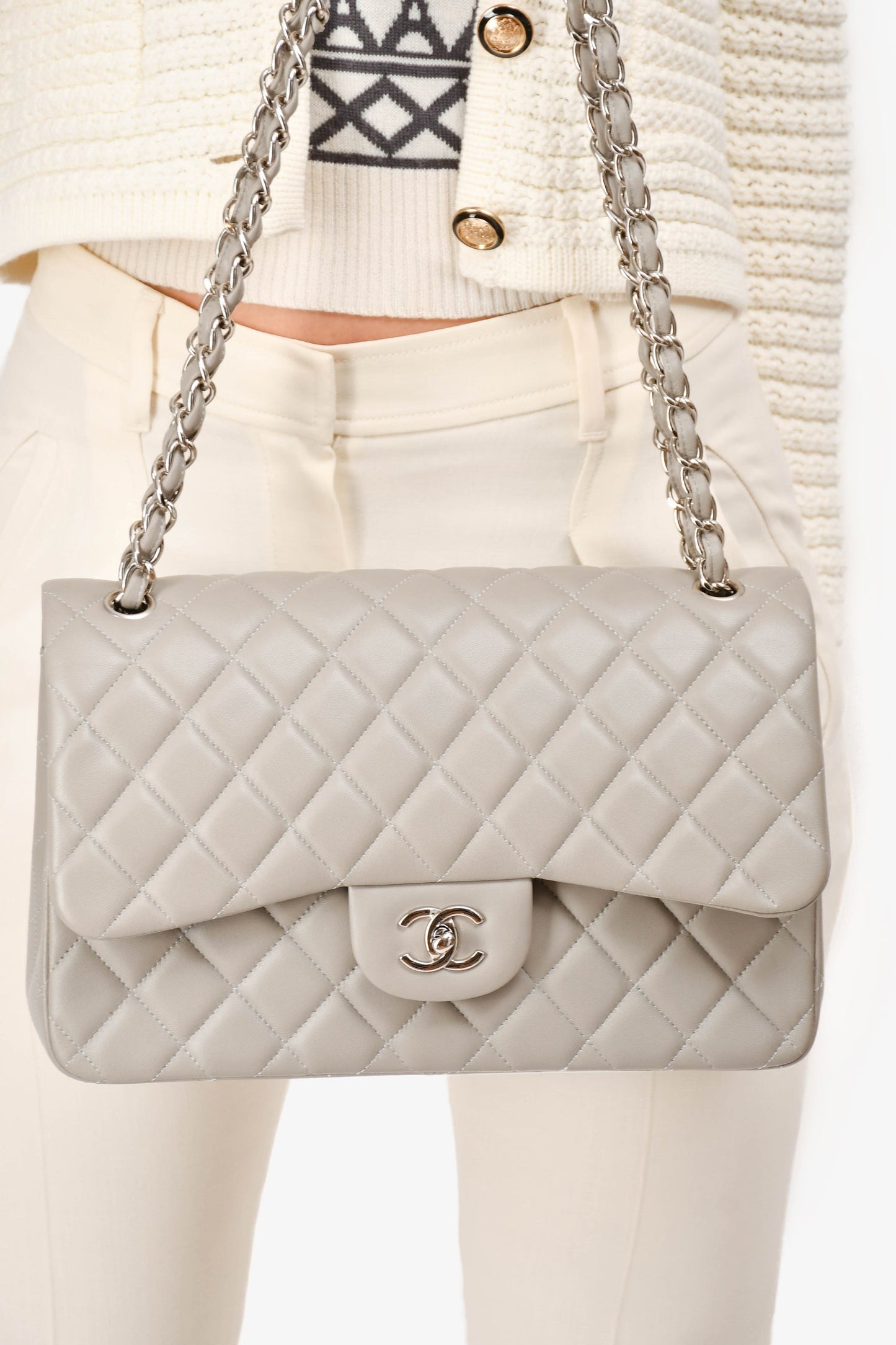Pre-Loved Chanel™ 2019/20 Grey Lambskin Leather Jumbo Double Flap