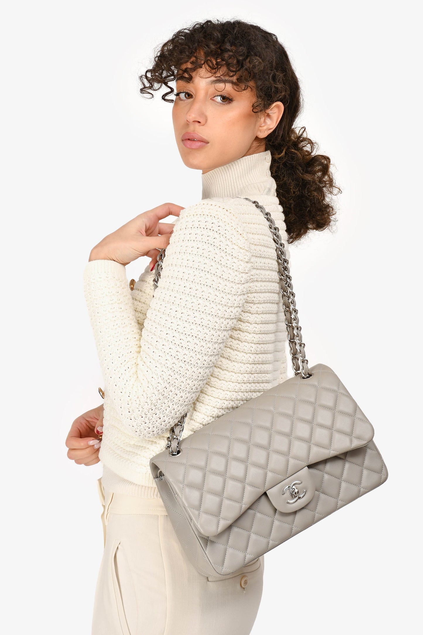 Pre-Loved Chanel™ 2019/20 Grey Lambskin Leather Jumbo Double Flap