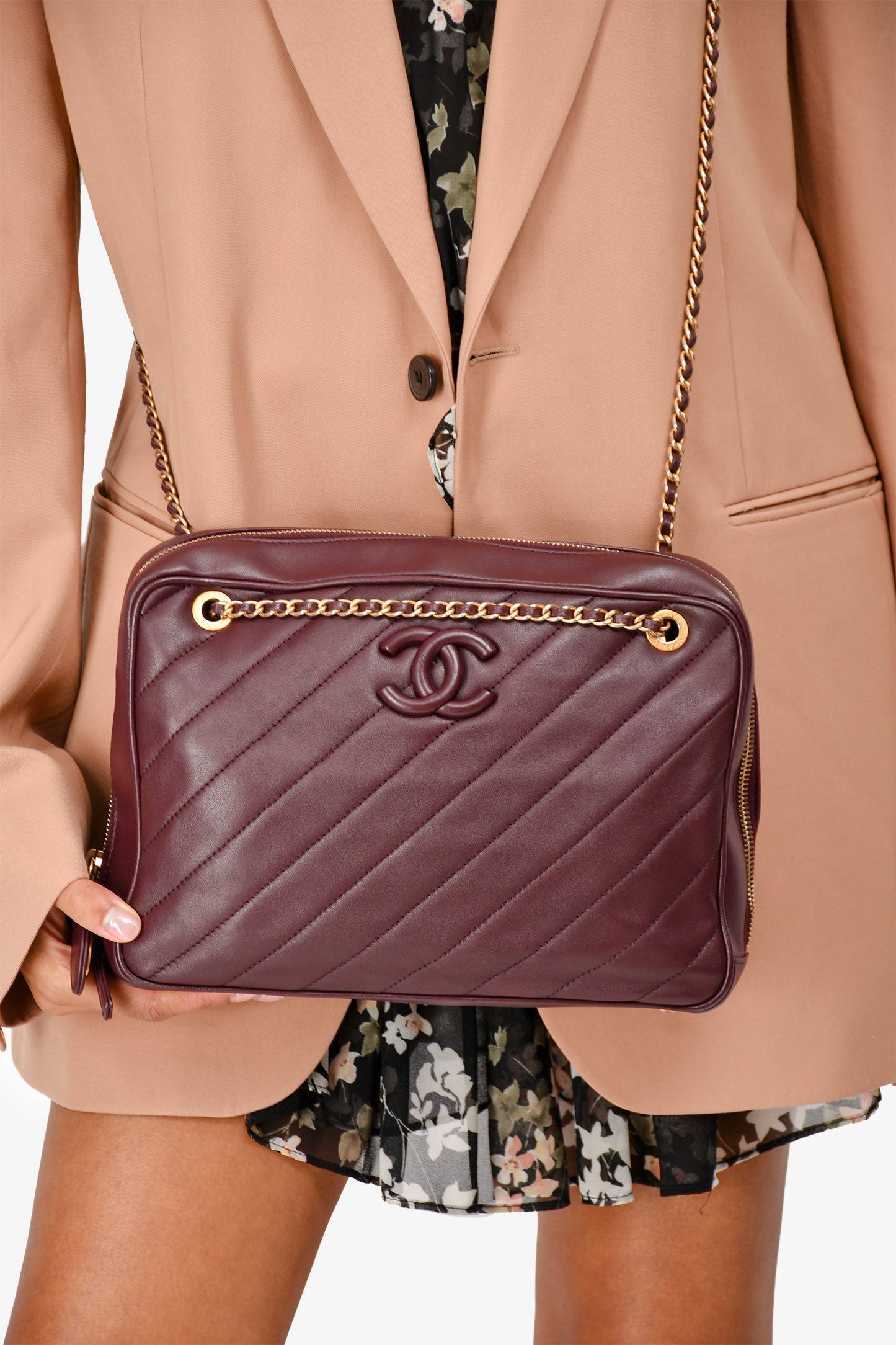 Pre-Loved Chanel™ 2015-16 Eggplant Purple Diagonal Leather Camera Case Double Chain Shoulder Bag