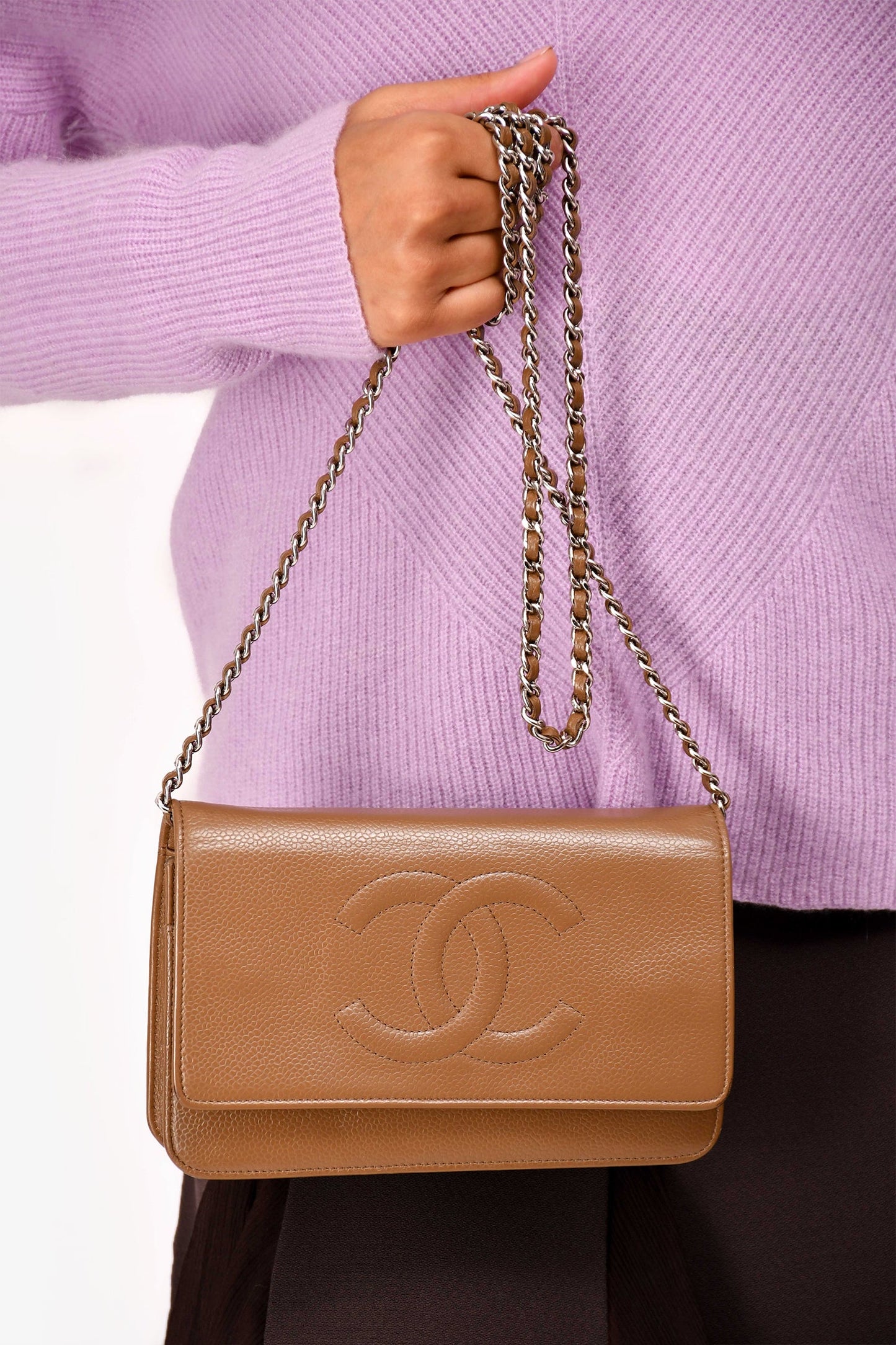 Pre-Loved Chanel™ 2012-13 Brown Caviar Leather CC Logo Wallet On Chain