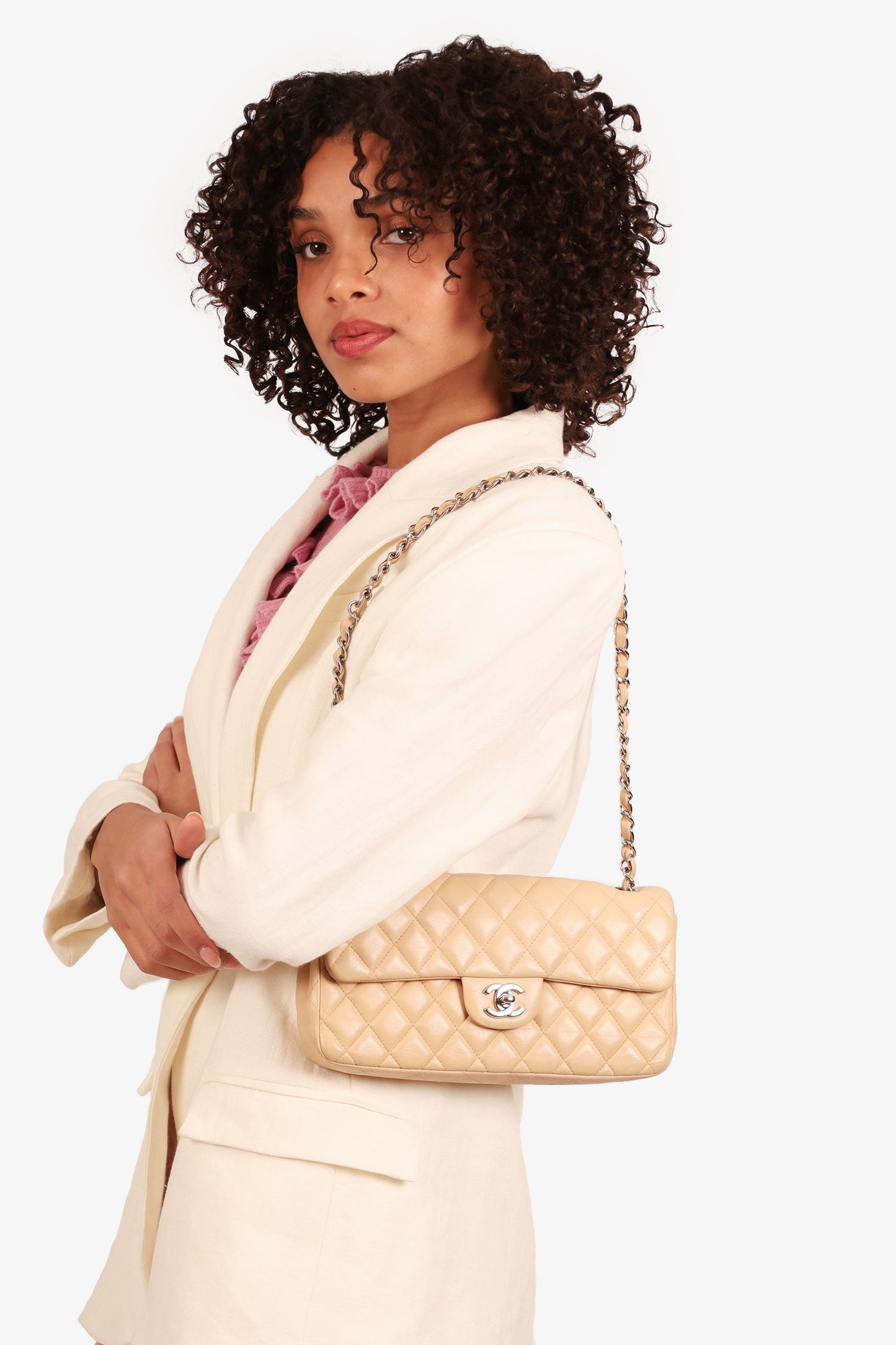 Pre-loved Chanel™ 2010-11 Beige Quilted Lambskin East/West Single Flap Bag