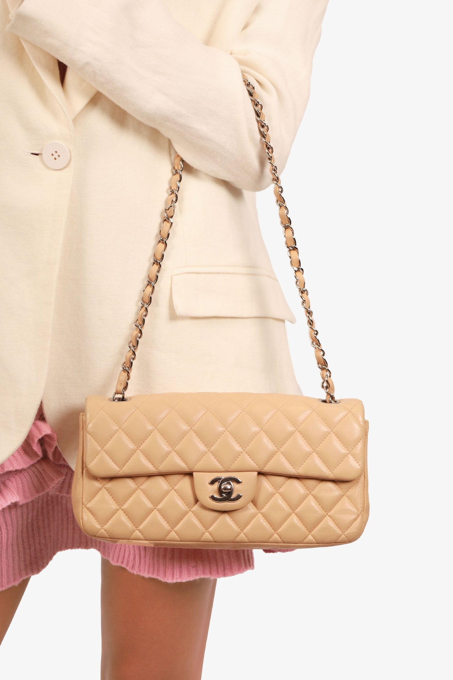 Pre-loved Chanel™ 2010-11 Beige Quilted Lambskin East/West Single Flap Bag