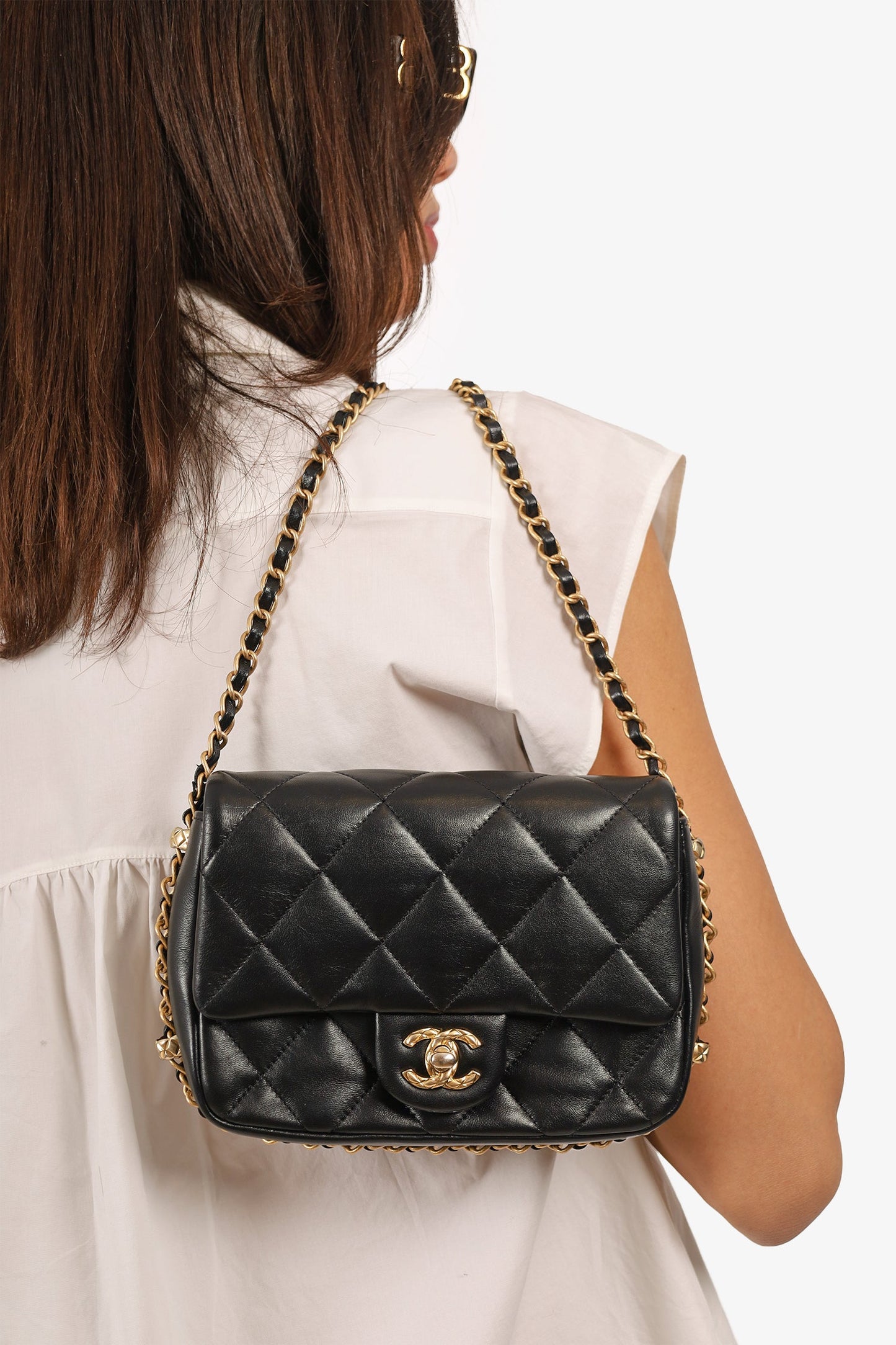 Pre-Loved Chanel™ 2023 Black Quilted Lambskin Chain Around Mini Square Flap Bag