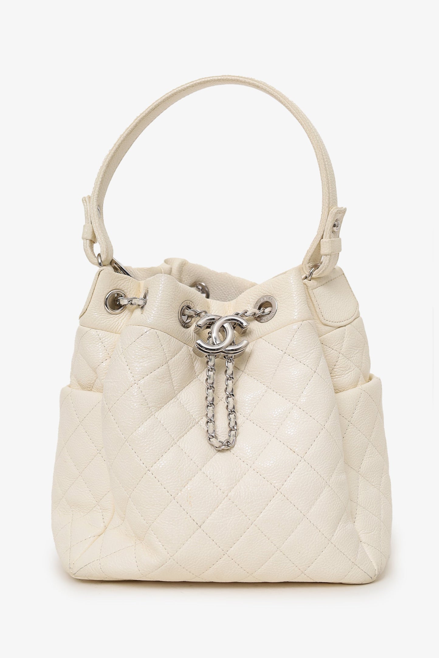 Pre-Loved Chanel™ 2019-20 Cream Caviar Leather CC Chain Drawstring Bucket Bag