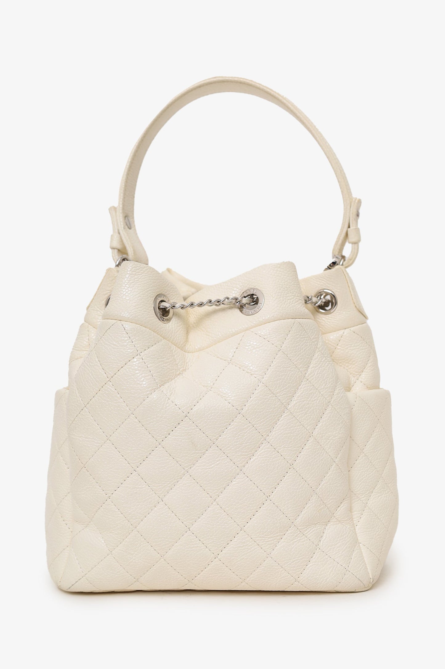 Pre-Loved Chanel™ 2019-20 Cream Caviar Leather CC Chain Drawstring Bucket Bag