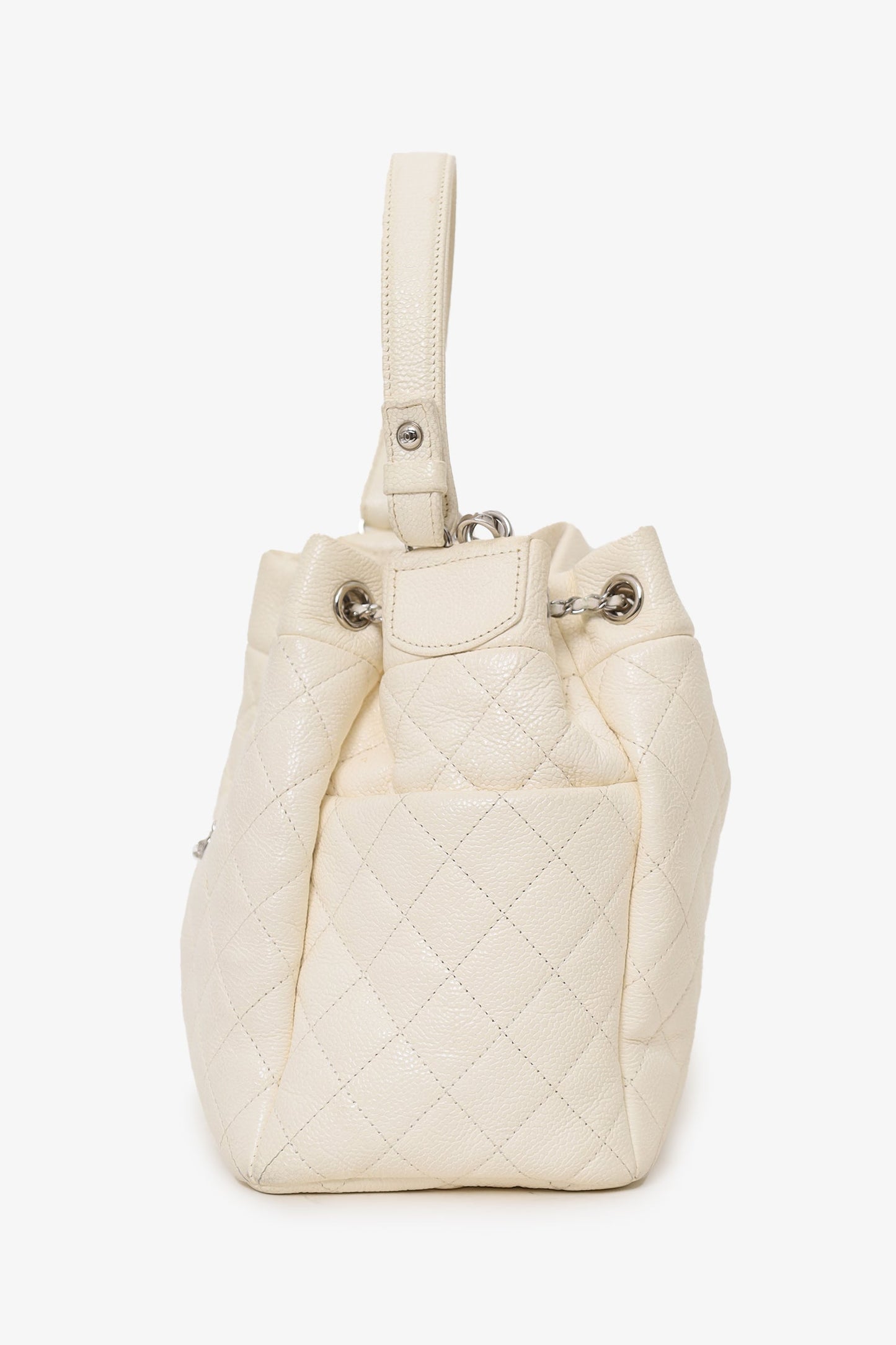 Pre-Loved Chanel™ 2019-20 Cream Caviar Leather CC Chain Drawstring Bucket Bag