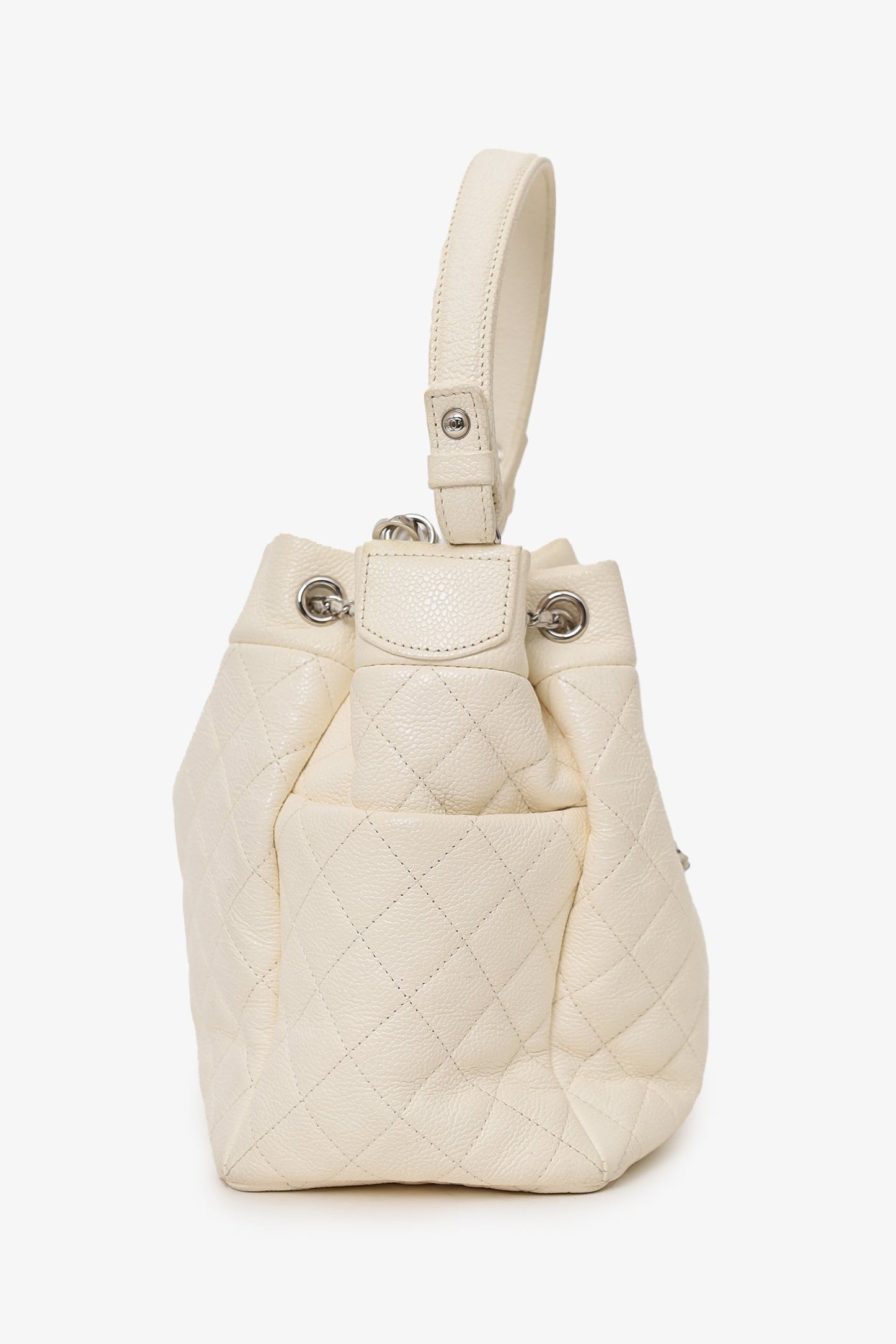 Pre-Loved Chanel™ 2019-20 Cream Caviar Leather CC Chain Drawstring Bucket Bag