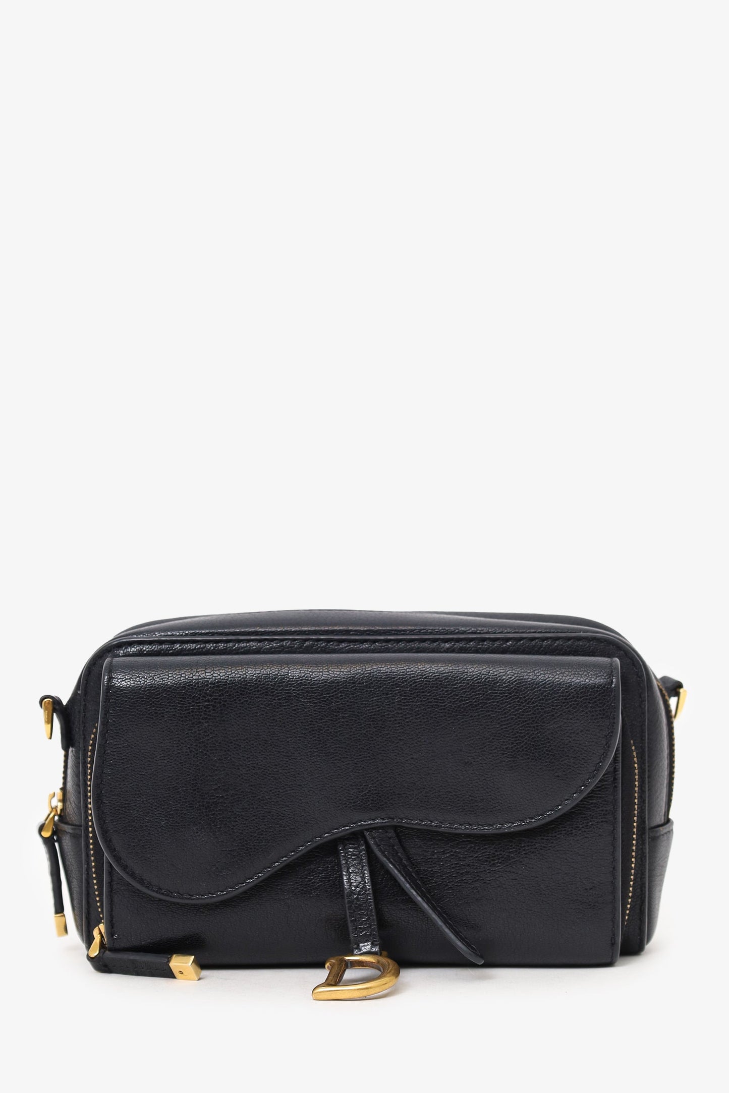 Dior 2021 Black Goatskin Double Saddle Pouch Crossbody