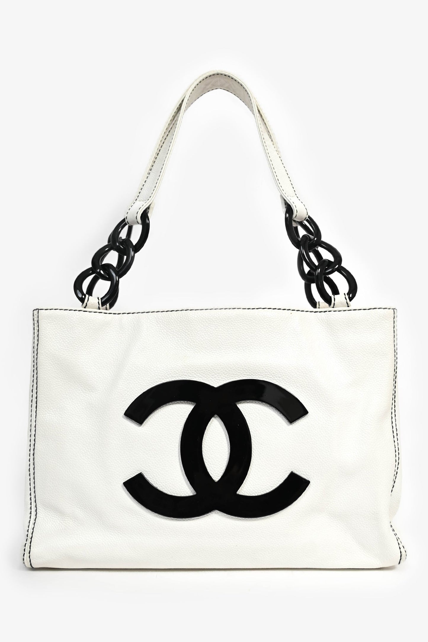Pre-Loved Chanel™ 2004-05 White Caviar Leather Black Resin CC Chain Link Tote Bag